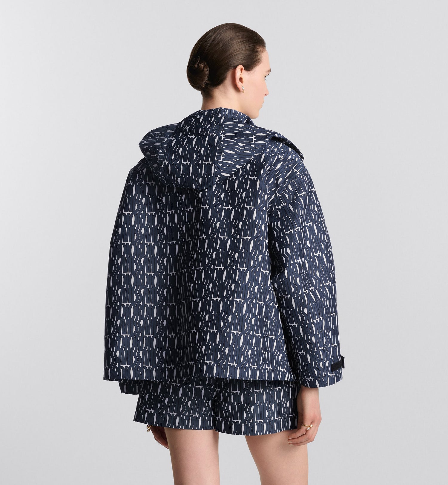 Waterproof Hooded Jacket White Technical Taffeta Jacquard With Navy Blue Miss Dior Allover Motif