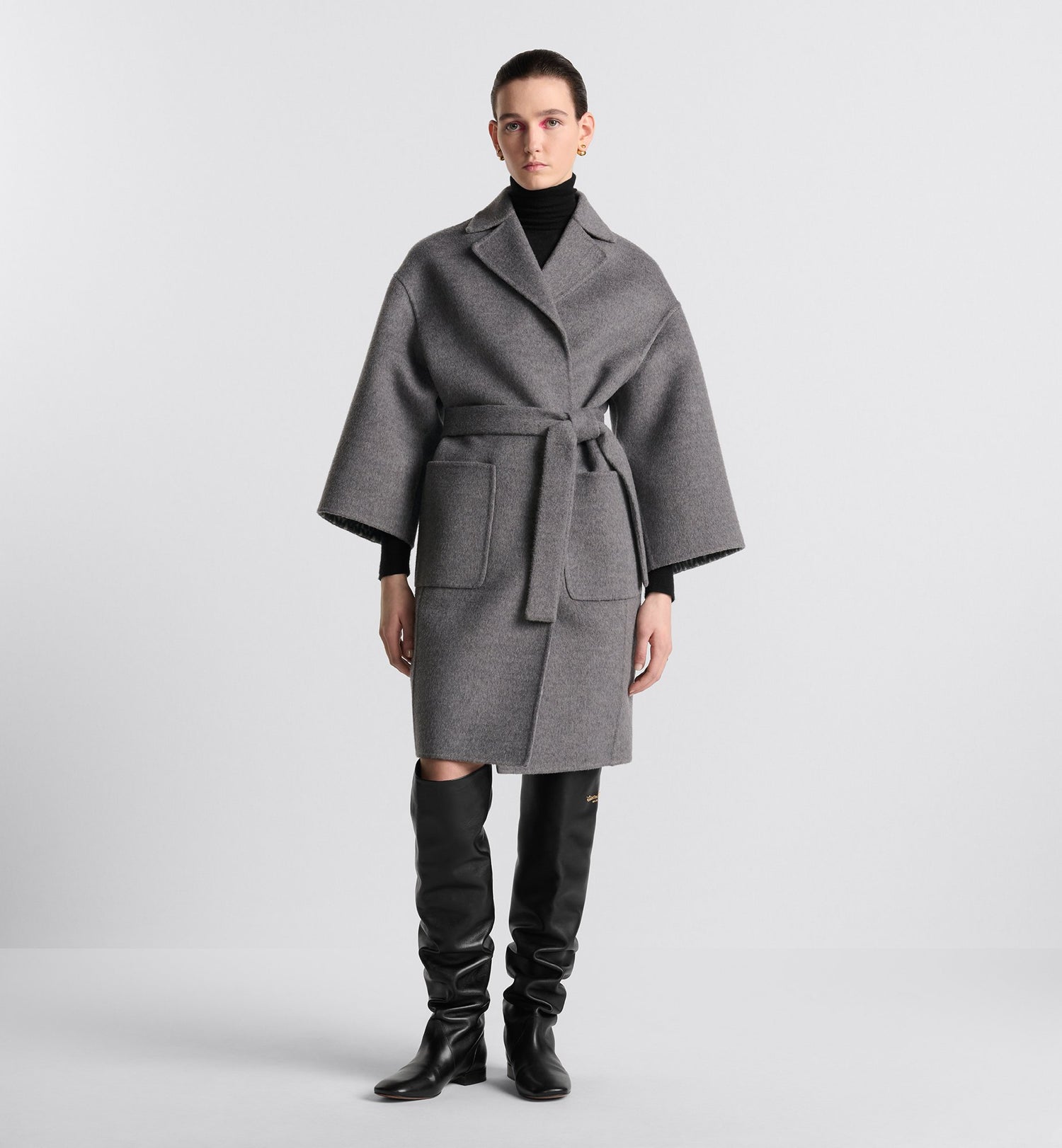 Coat With Belt Gray Double Sided Virgin Wool And Silk With Miss Dior Allover Interior