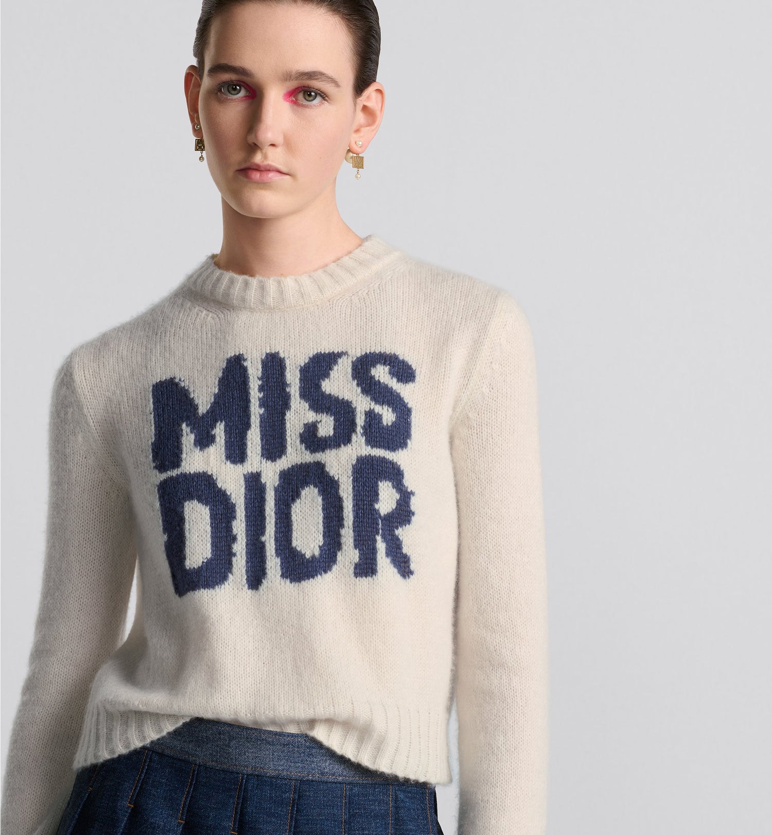 Sweater Ecru Cashmere And Silk Knit With Blue Miss Dior Graffiti Motif