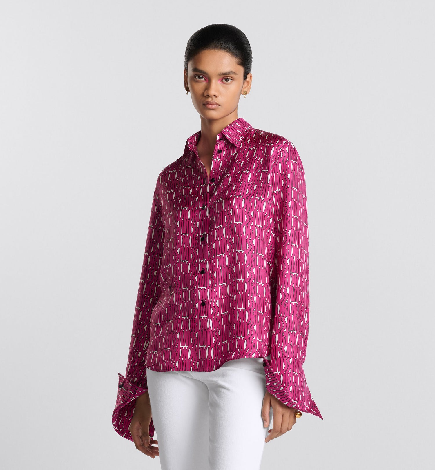 Blouse White Silk Twill With Fuchsia Miss Dior Allover Motif