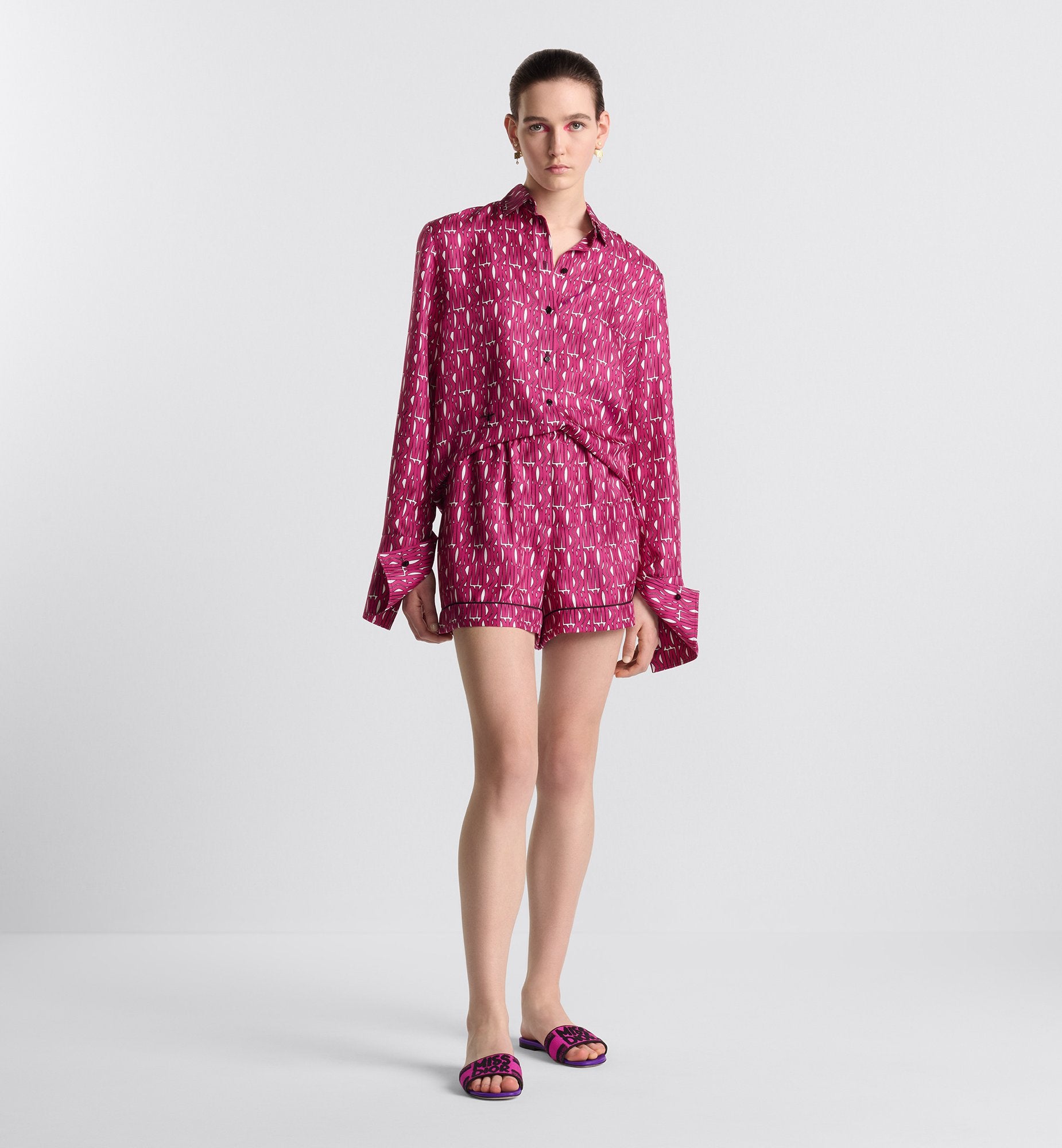 Shorts White Silk Twill With Fuchsia Miss Dior Allover Motif