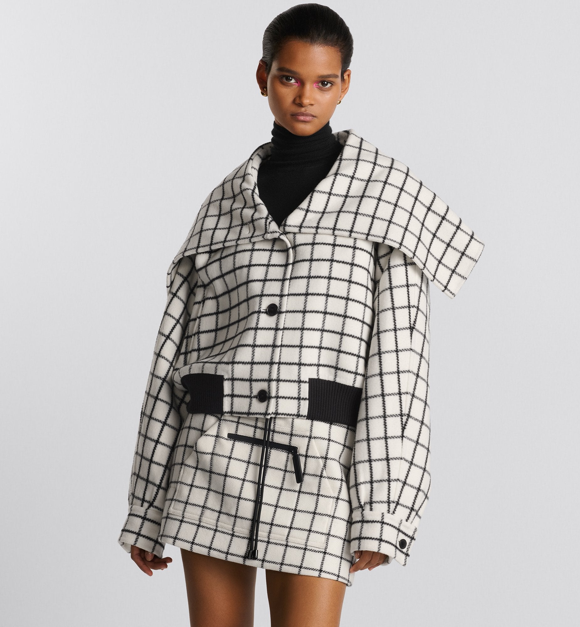 Bomber Jacket With Oversized Collar White And Black Double-Sided Check&