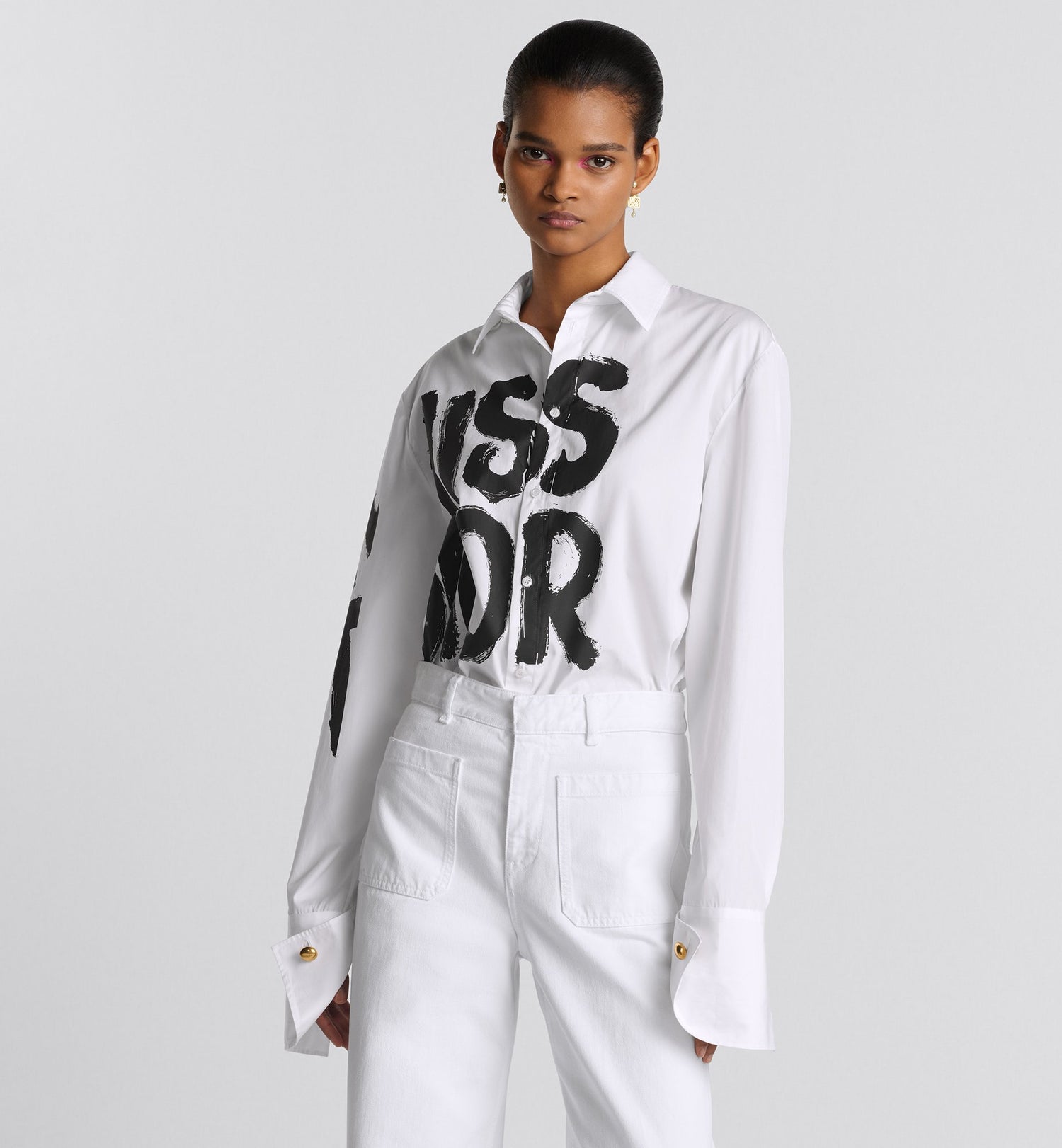 Blouse White Cotton And Silk Poplin With Black Miss Dior Graffiti Motif