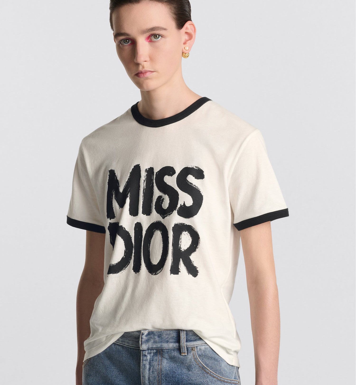 T Shirt White Cotton And Linen Jersey With Black Miss Dior Graffiti Motif