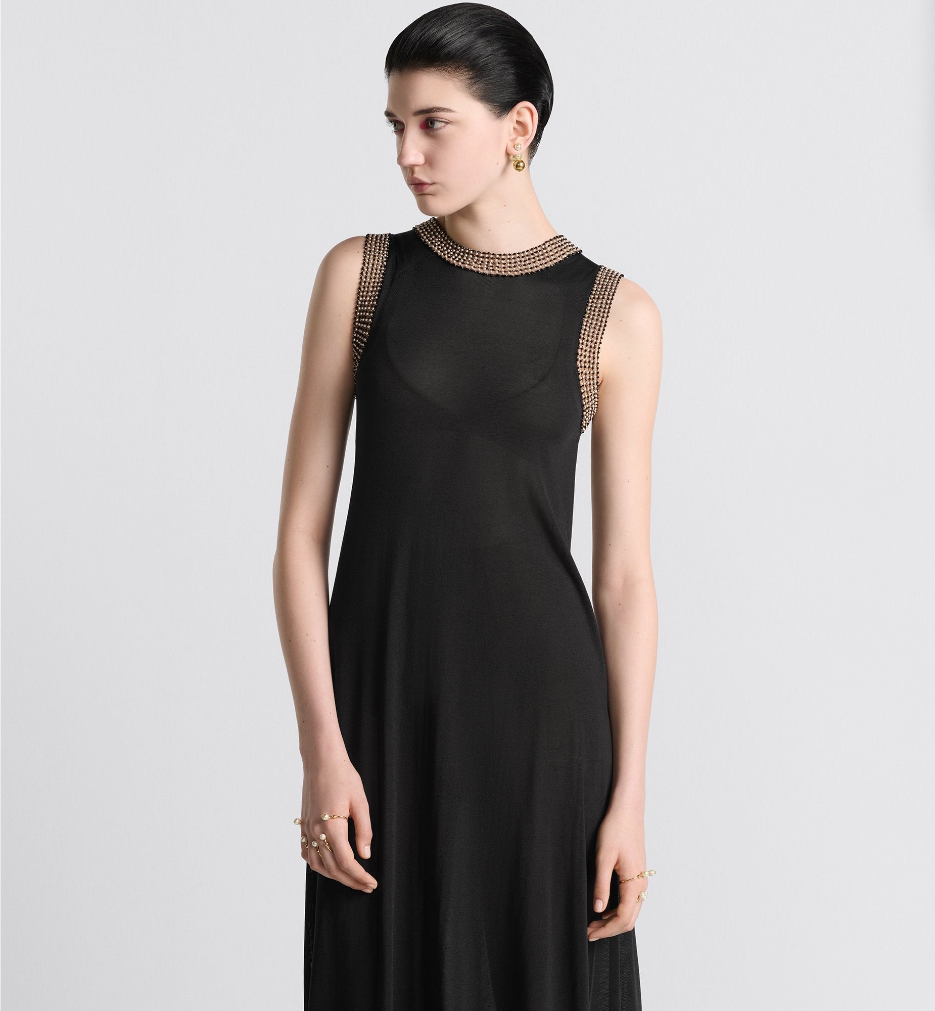 Embroidered Long Dress Black Silk Knit