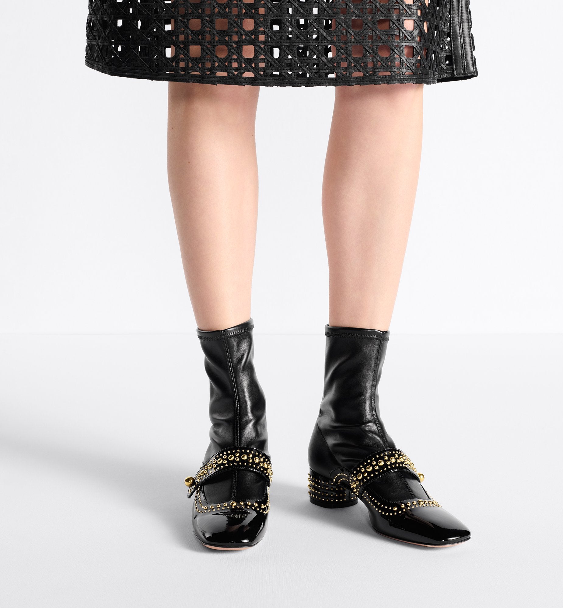 Belle D Heeled Ankle Boot Black Patent Calfskin And Gold-Finish Studs