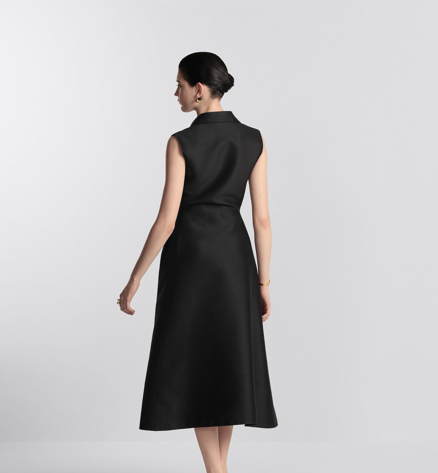 Belted Mid Length Dress Black Wool And Silk Shantung