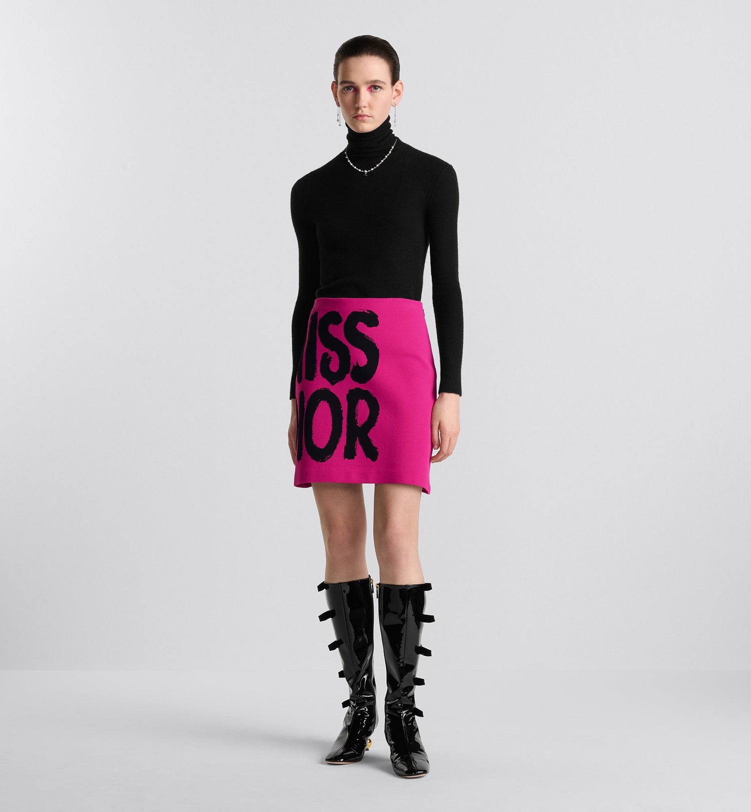 Flared Miniskirt Fuchsia Technical Knit With Black Miss Dior Graffiti Motif