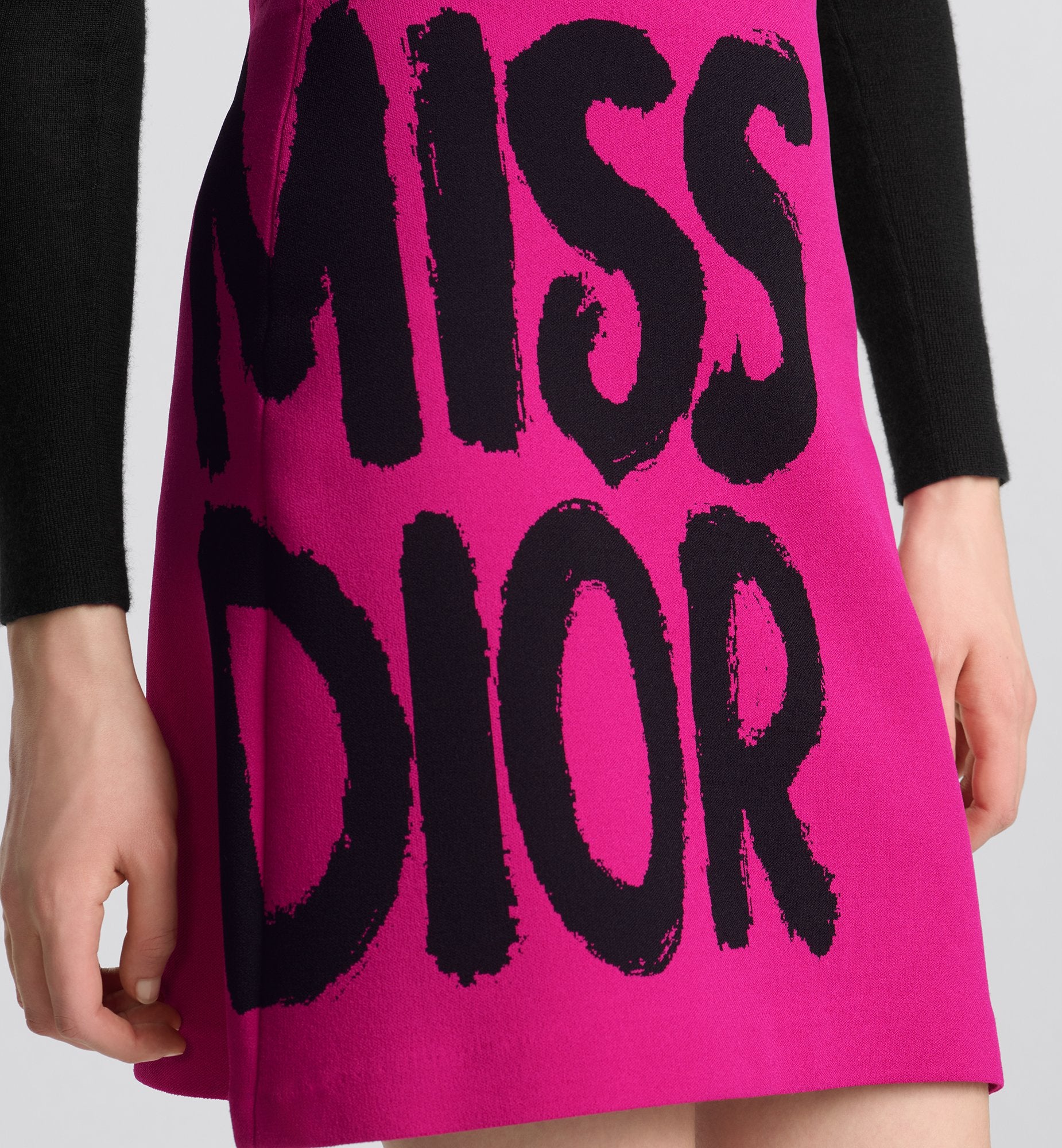 Flared Miniskirt Fuchsia Technical Knit With Black Miss Dior Graffiti Motif