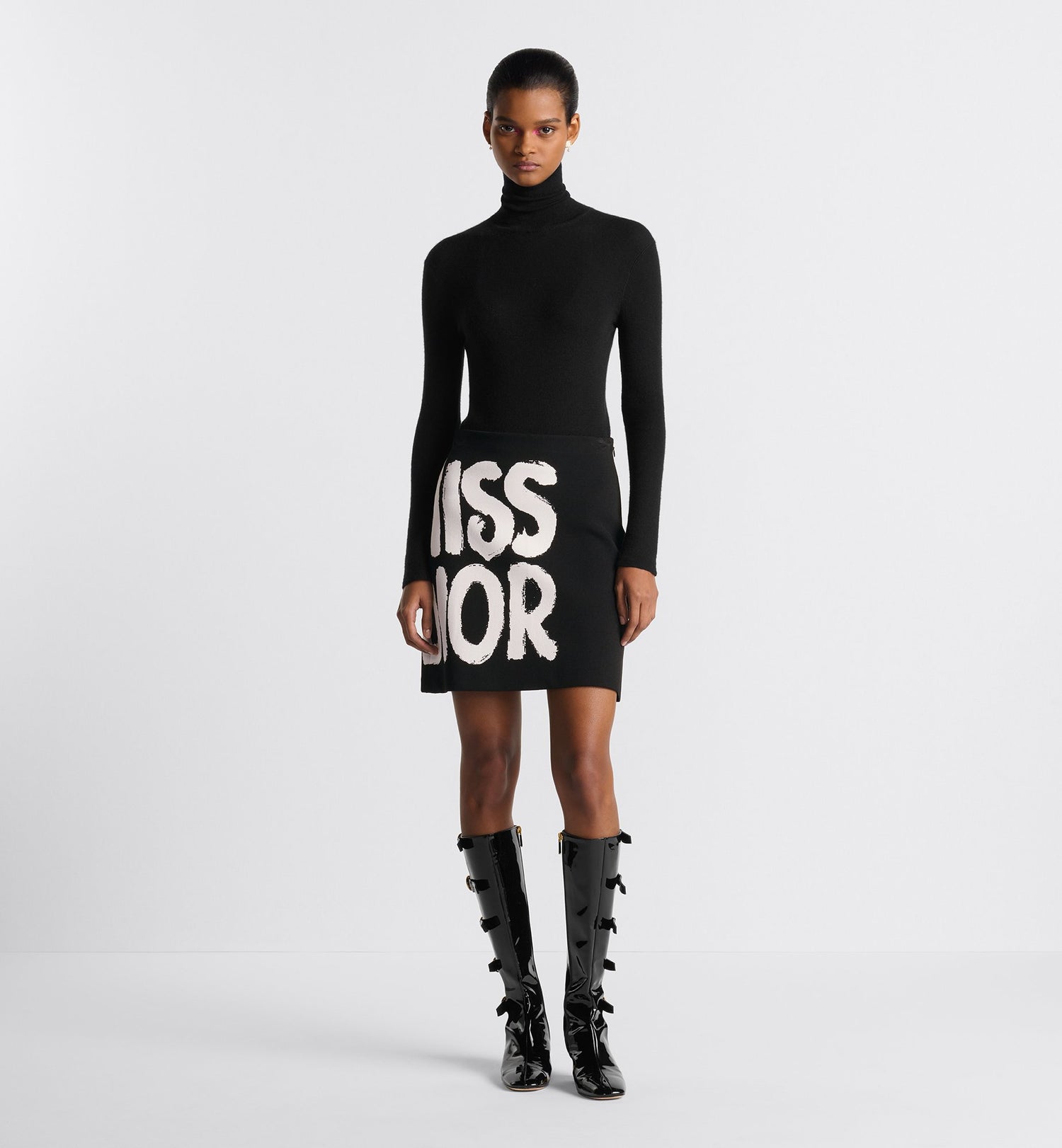 Flared Miniskirt Black Technical Knit With White Miss Dior Graffiti Motif