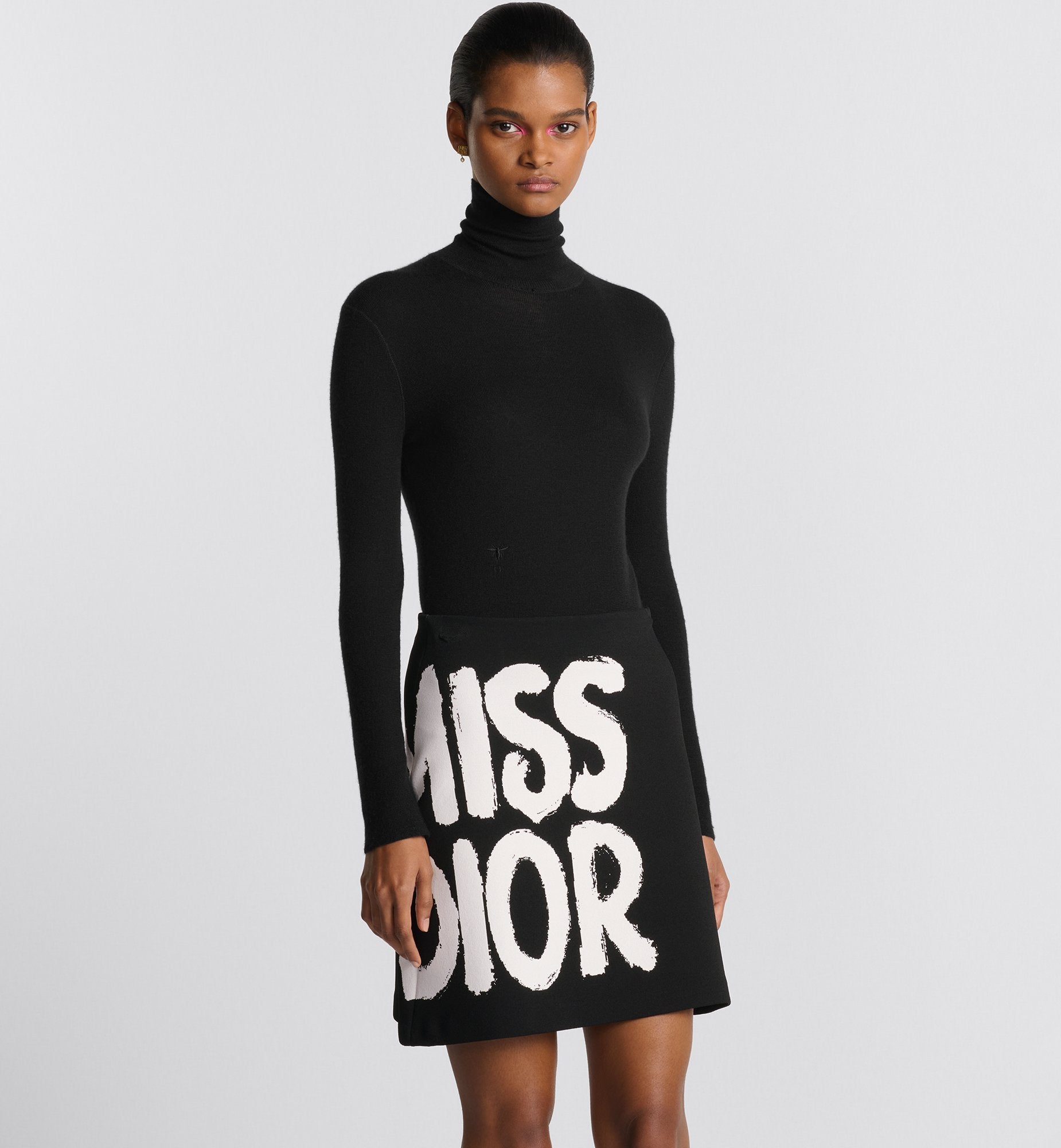 Flared Miniskirt Black Technical Knit With White Miss Dior Graffiti Motif