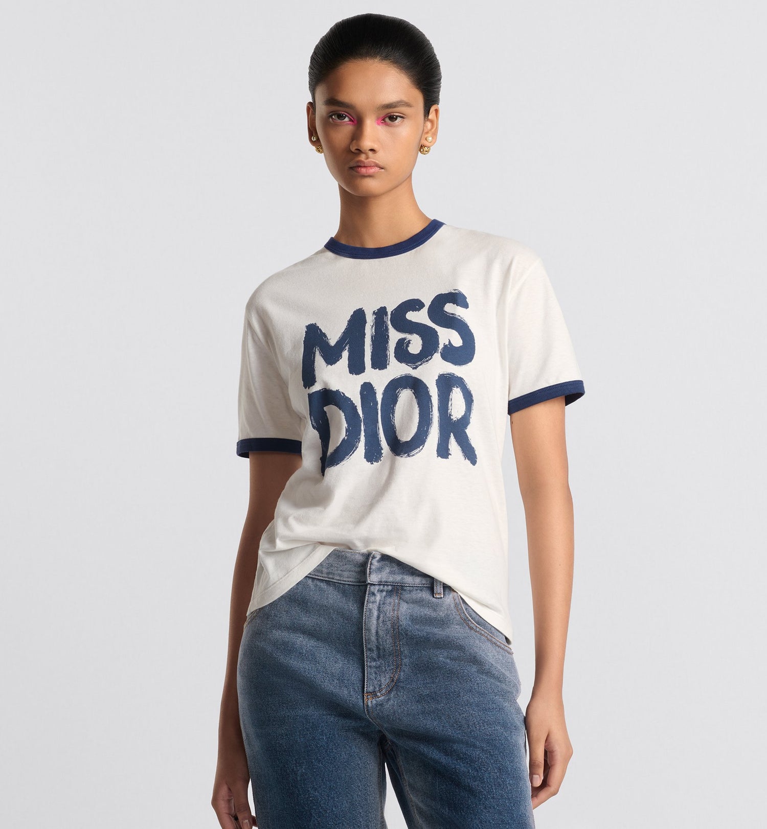 T Shirt White Cotton And Linen Jersey With Blue Miss Dior Graffiti Motif