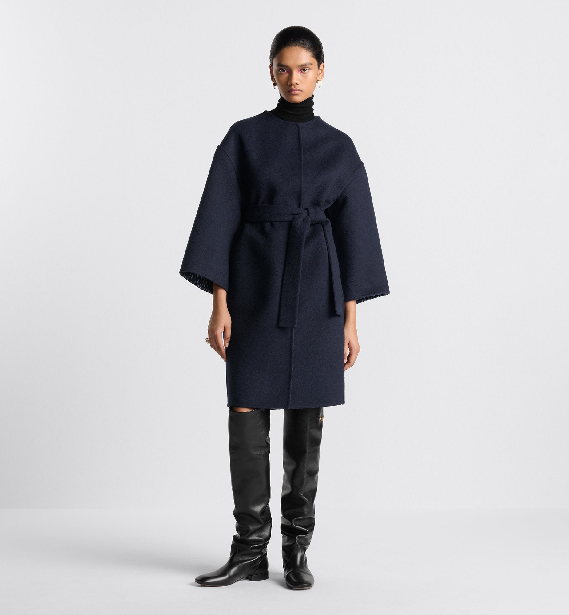 Coat With Belt Navy Blue Double Sided Virgin Wool And Silk With Miss Dior Allover Interior