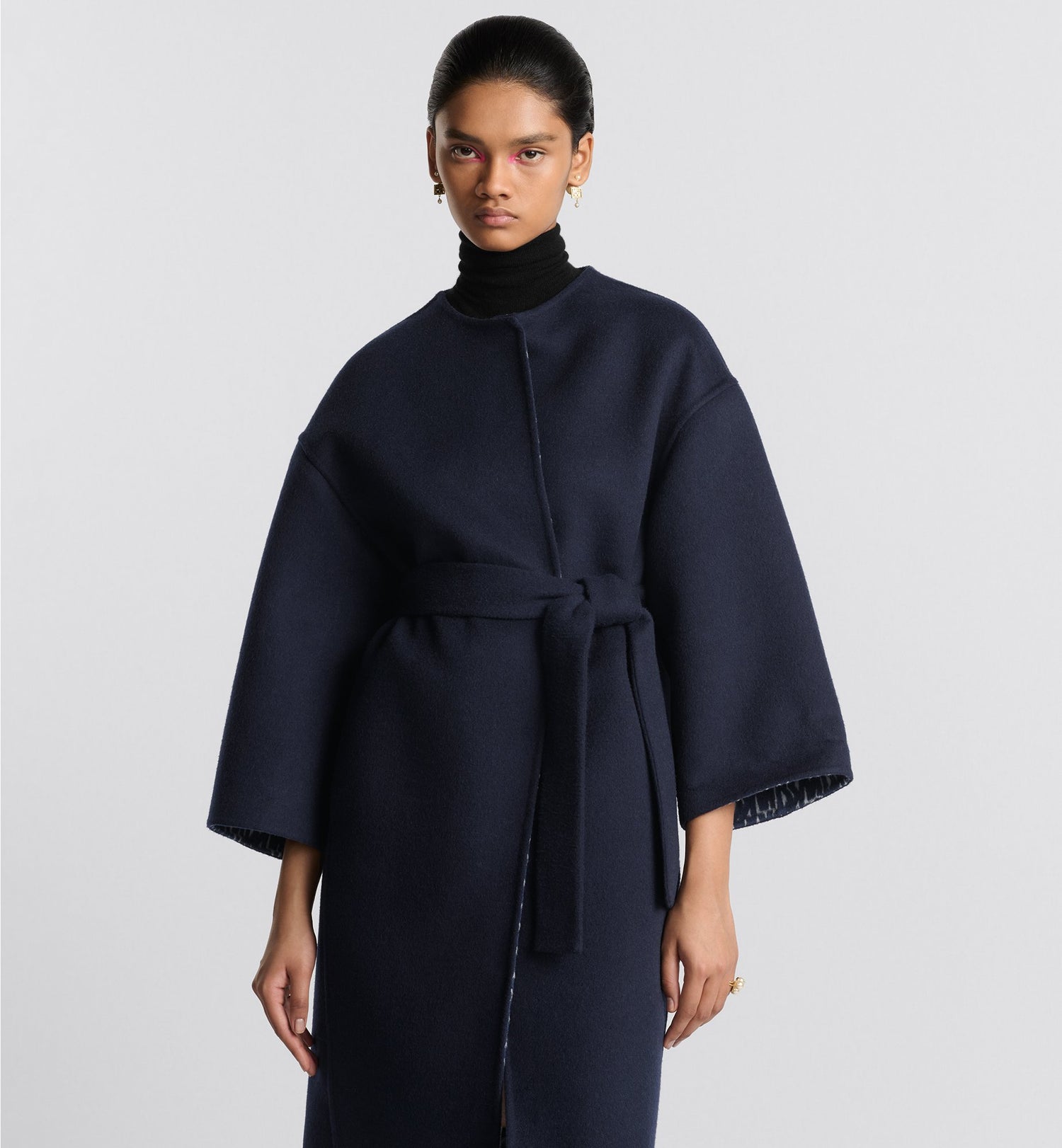 Coat With Belt Navy Blue Double Sided Virgin Wool And Silk With Miss Dior Allover Interior