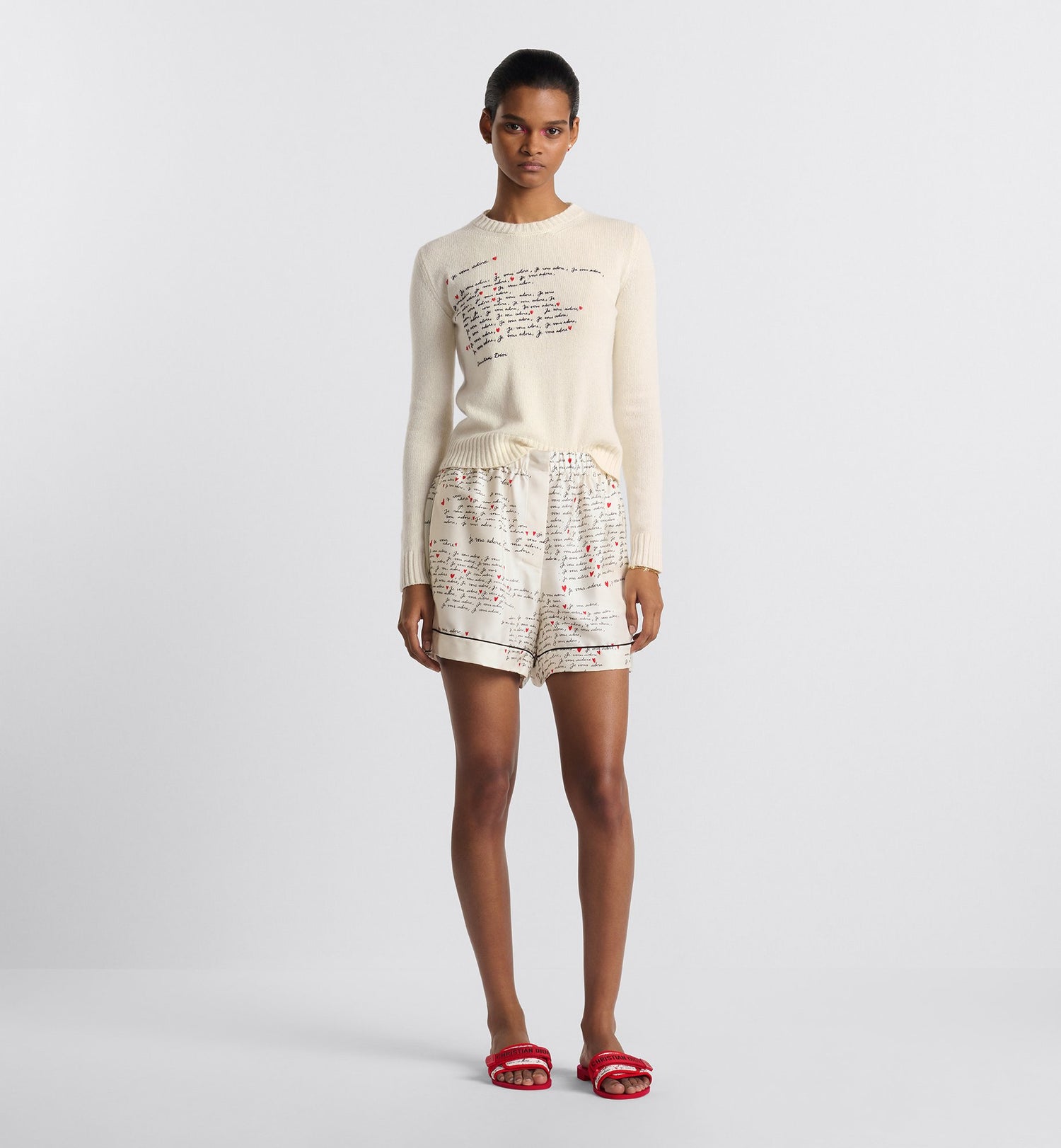 Dioramour Shorts White Silk Twill With Black And Red Je Vous Adore Motif