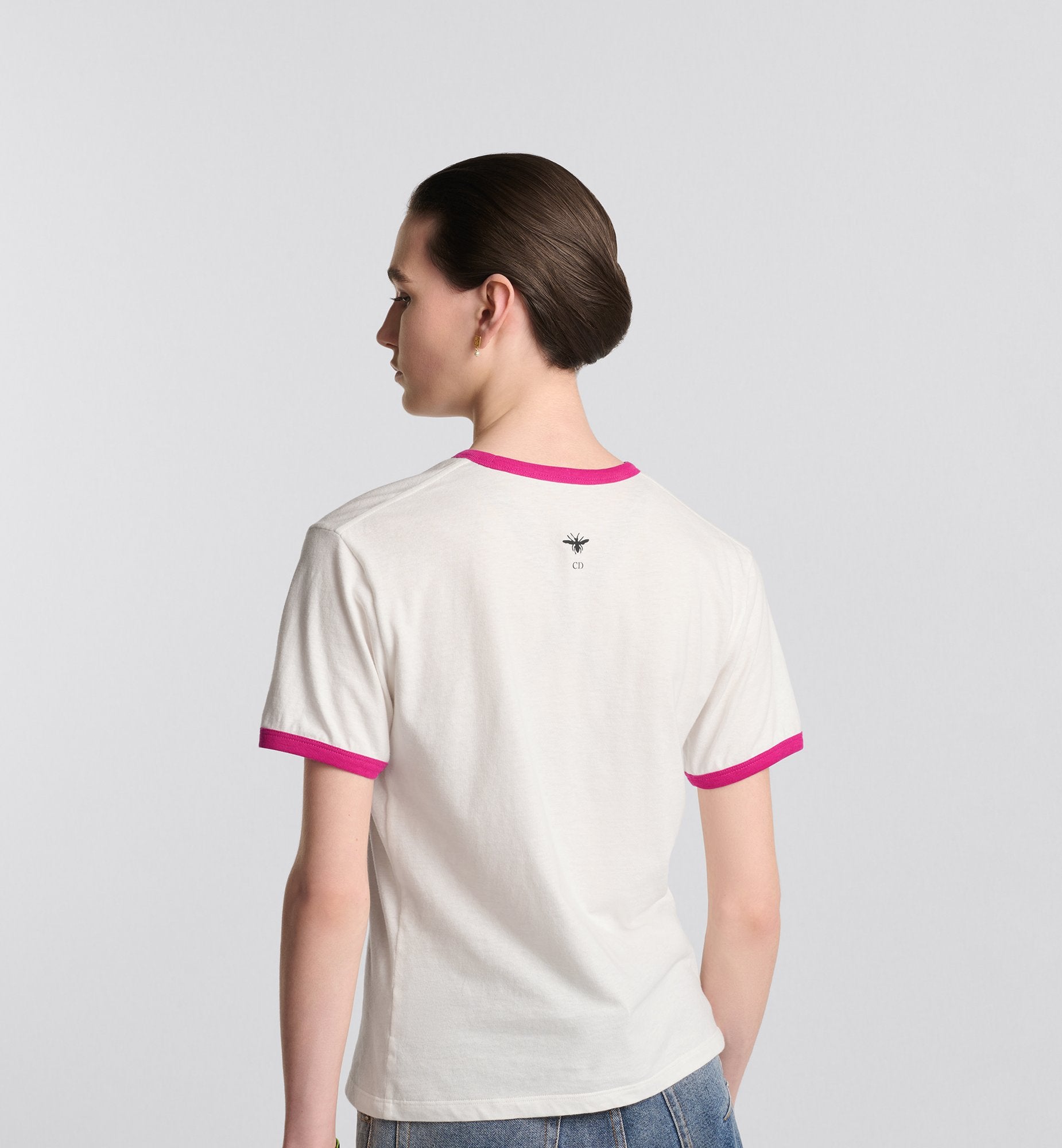 T Shirt White Cotton And Linen Jersey With Fuchsia Miss Dior Graffiti Motif