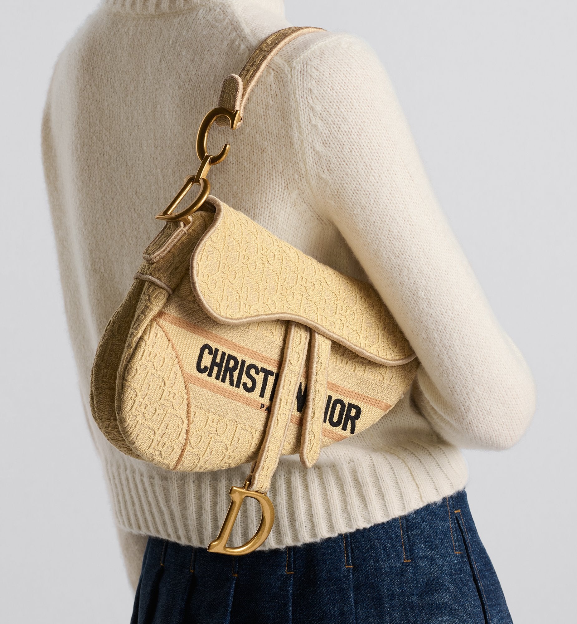 Saddle Bag Beige Dior Oblique Embroidered Raffia