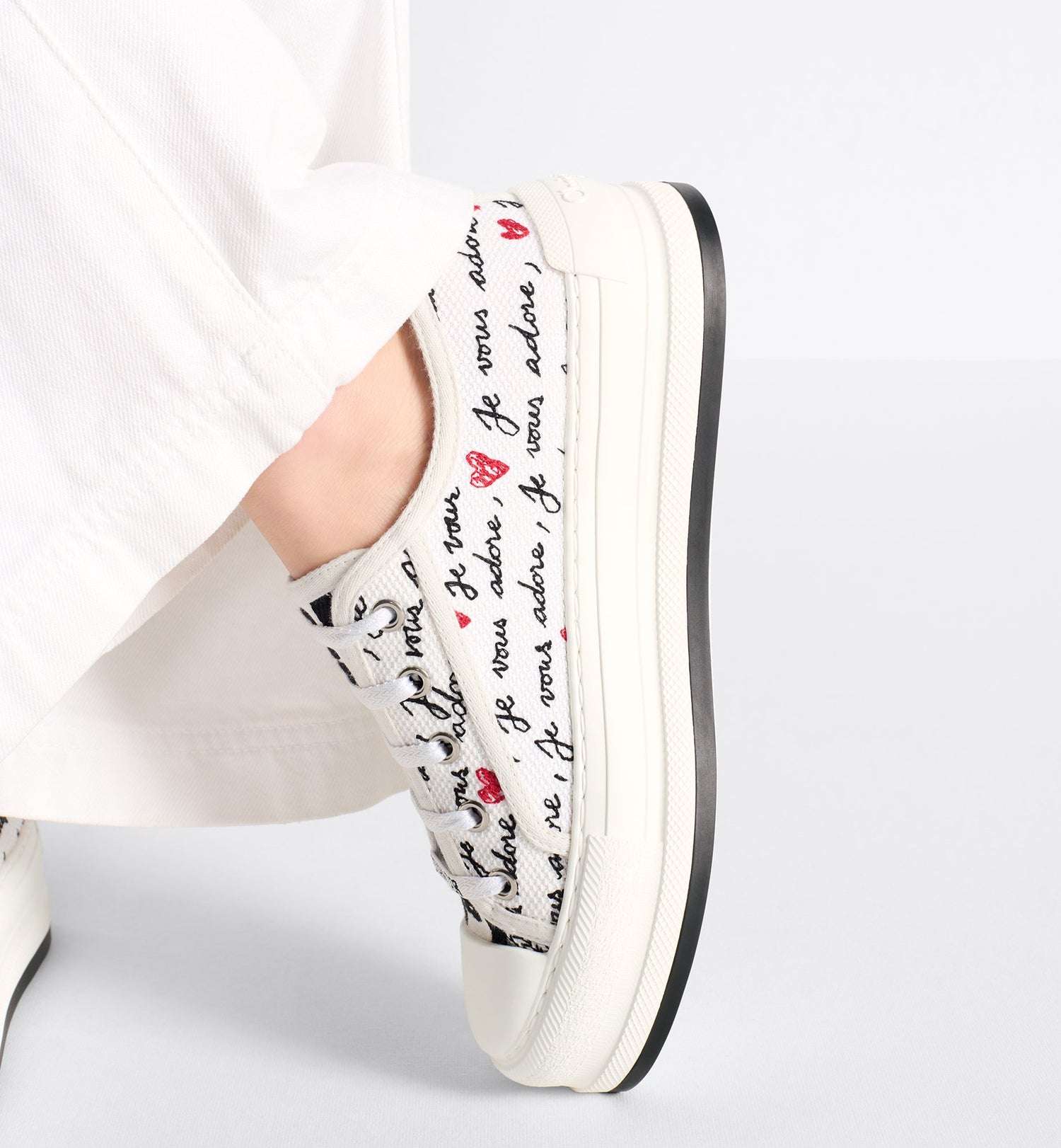 Dioramour Walk N Dior Platform Sneaker White Cotton With Embroidered Black And Red Je Vous Adore Motif