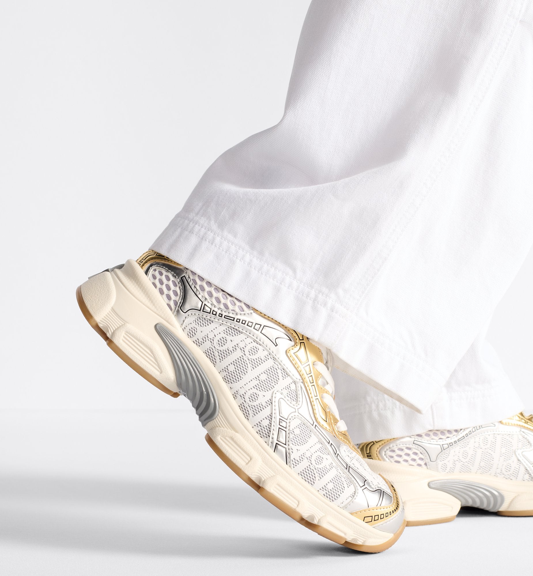 Vibe Sneaker White Mesh Printed With Oblique Motif And Gold And Silver Tone Laminated Leather Effect Panels