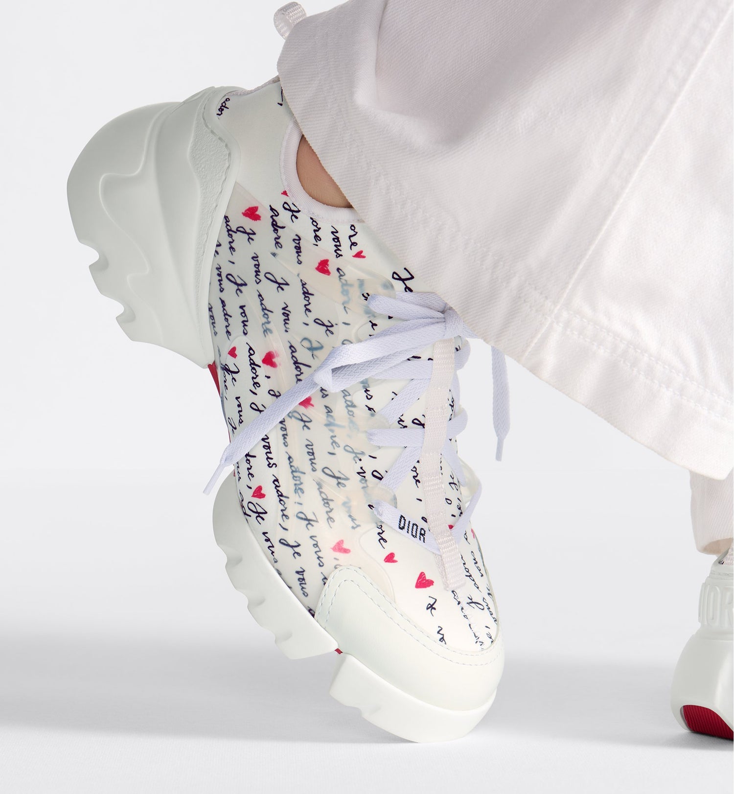 Dioramour D Connect Sneaker White Technical Fabric Printed With Black And Red Je Vous Adore Motif