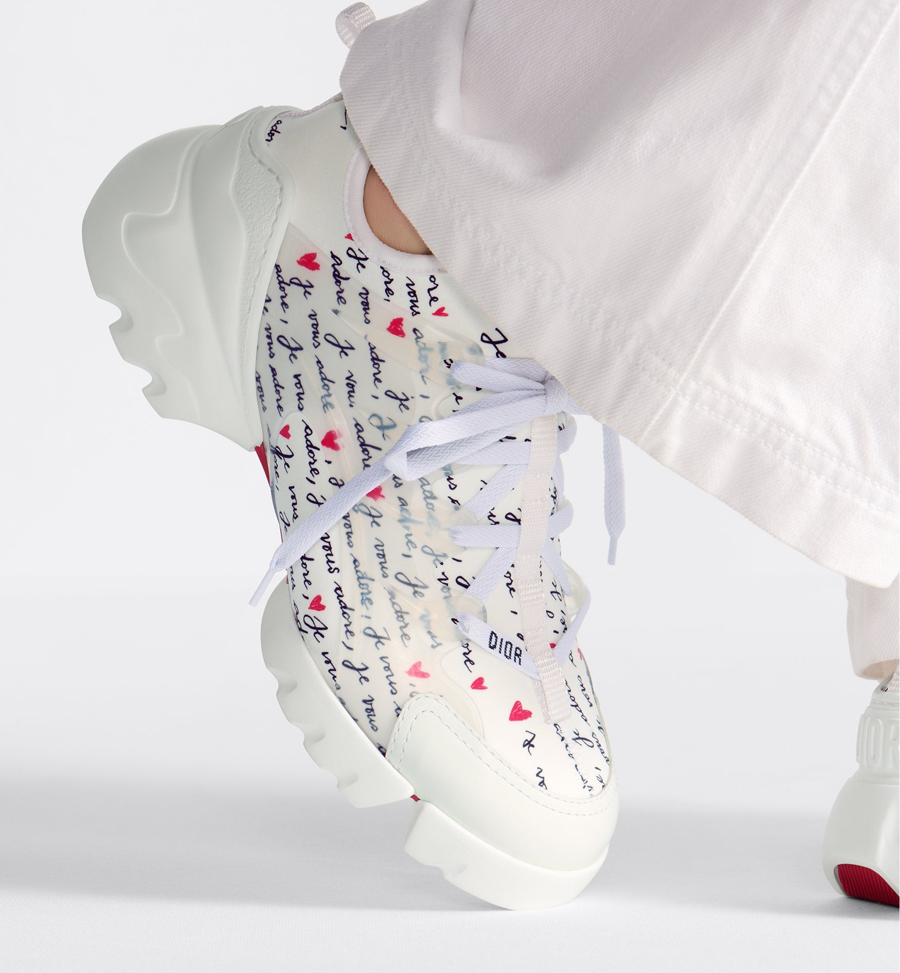 Dioramour D Connect Sneaker White Technical Fabric Printed With Black And Red Je Vous Adore Motif