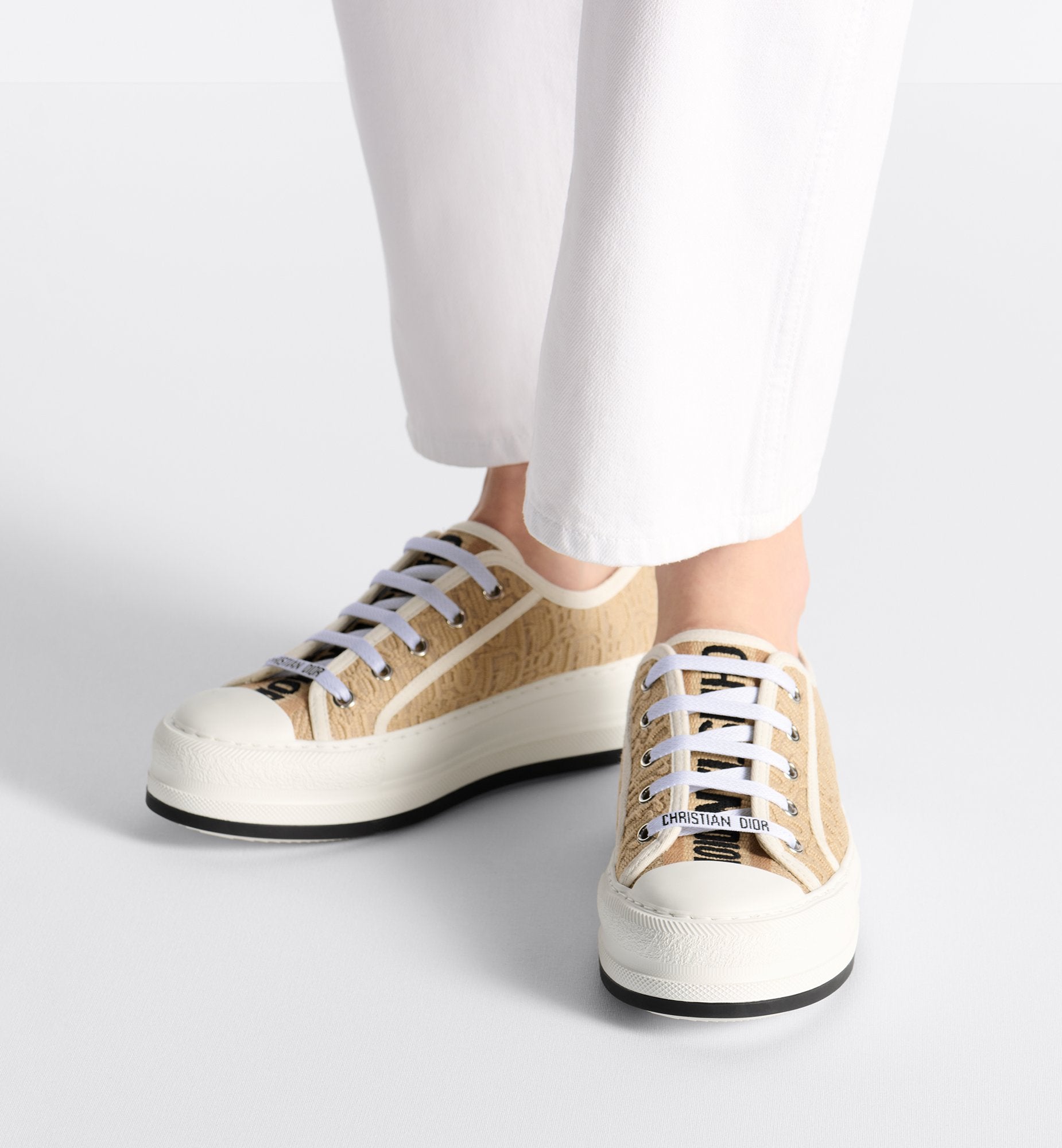 Walk N Dior Platform Sneaker Natural Raffia Effect Cotton Embroidered With Dior Oblique Motif