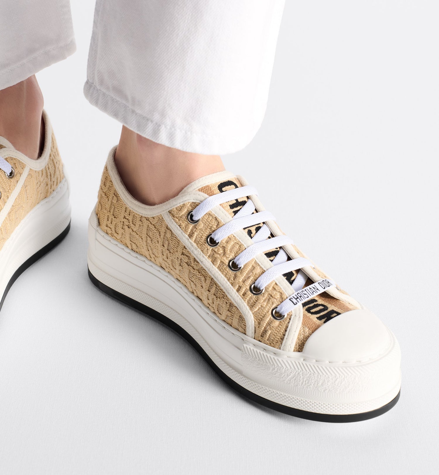 Walk N Dior Platform Sneaker Natural Raffia Effect Cotton Embroidered With Dior Oblique Motif