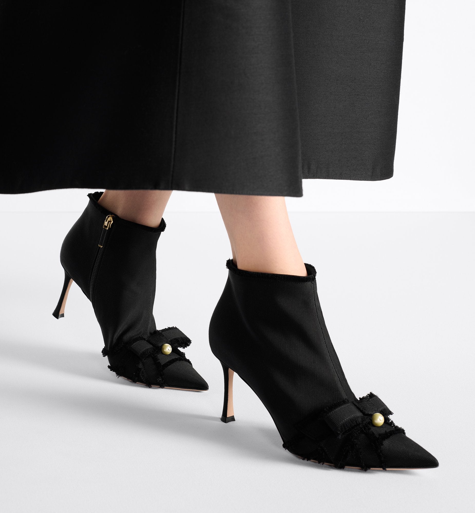 Adiorable Heeled Ankle Boot Black Fringed Grosgrain