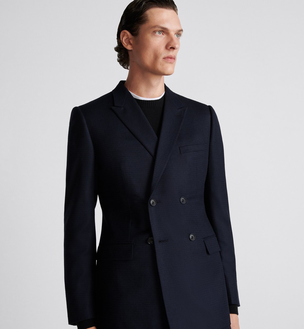 Classic Cut Double Breasted Suit Navy Blue Virgin Wool And Cashmere Flannel