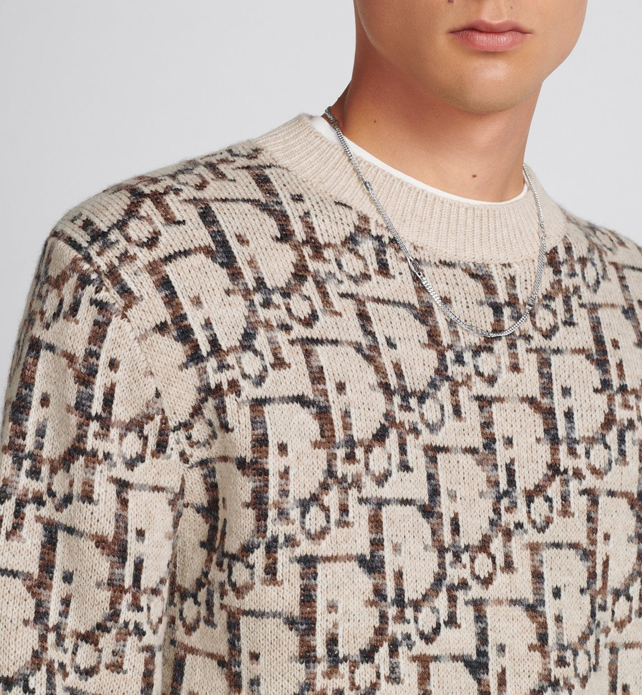 Oblique Sweater Beige And Brown Virgin Wool Jacquard