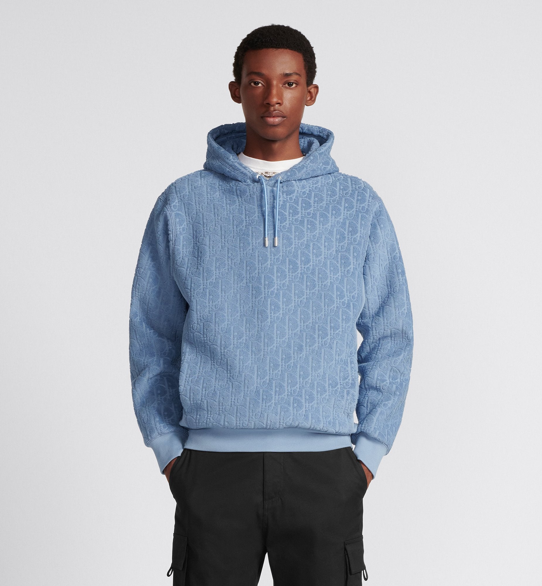 Oblique Relaxed Fit Hooded Sweatshirt Blue Terry Cotton Jacquard