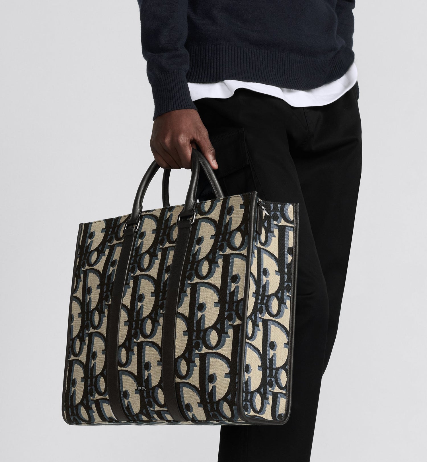 East-West Tote Bag Beige And Black Maxi Dior Oblique Jacquard With Black Grained Calfskin