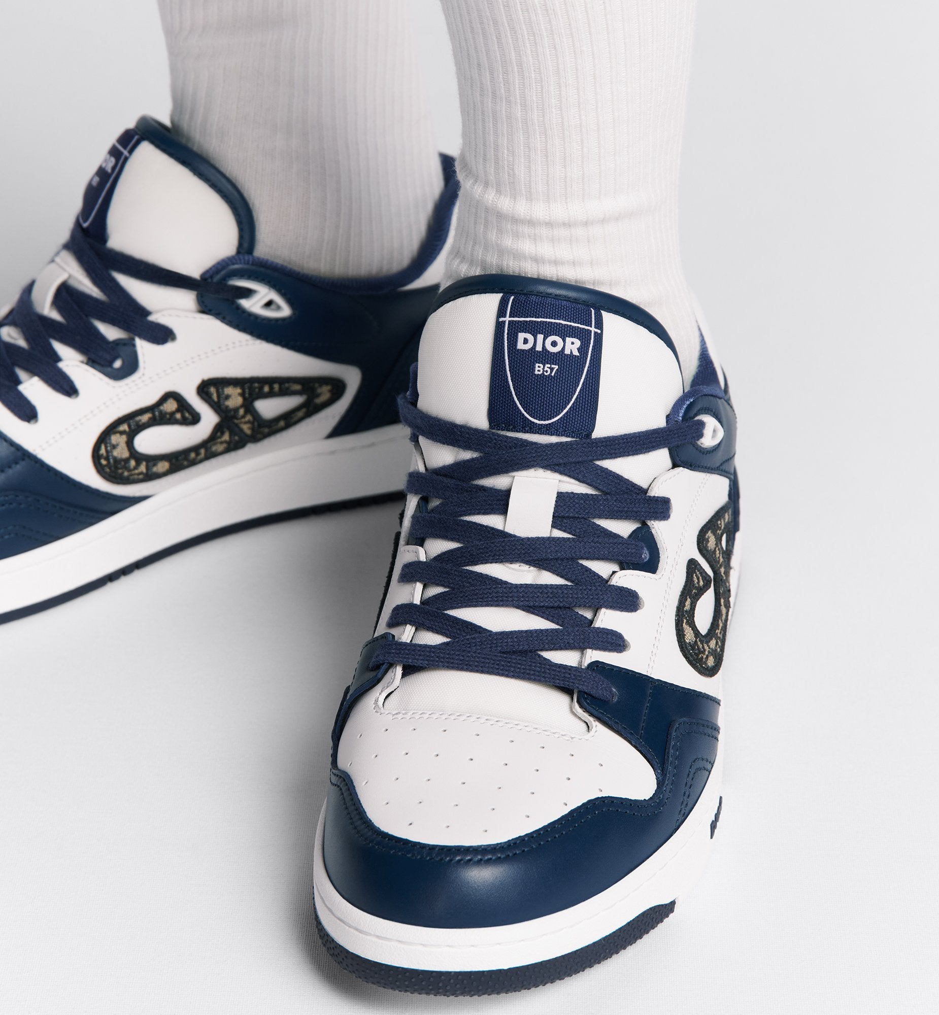 B57 Low Top Sneaker Navy Blue And White Smooth Calfskin With Beige And Black Dior Oblique Jacquard