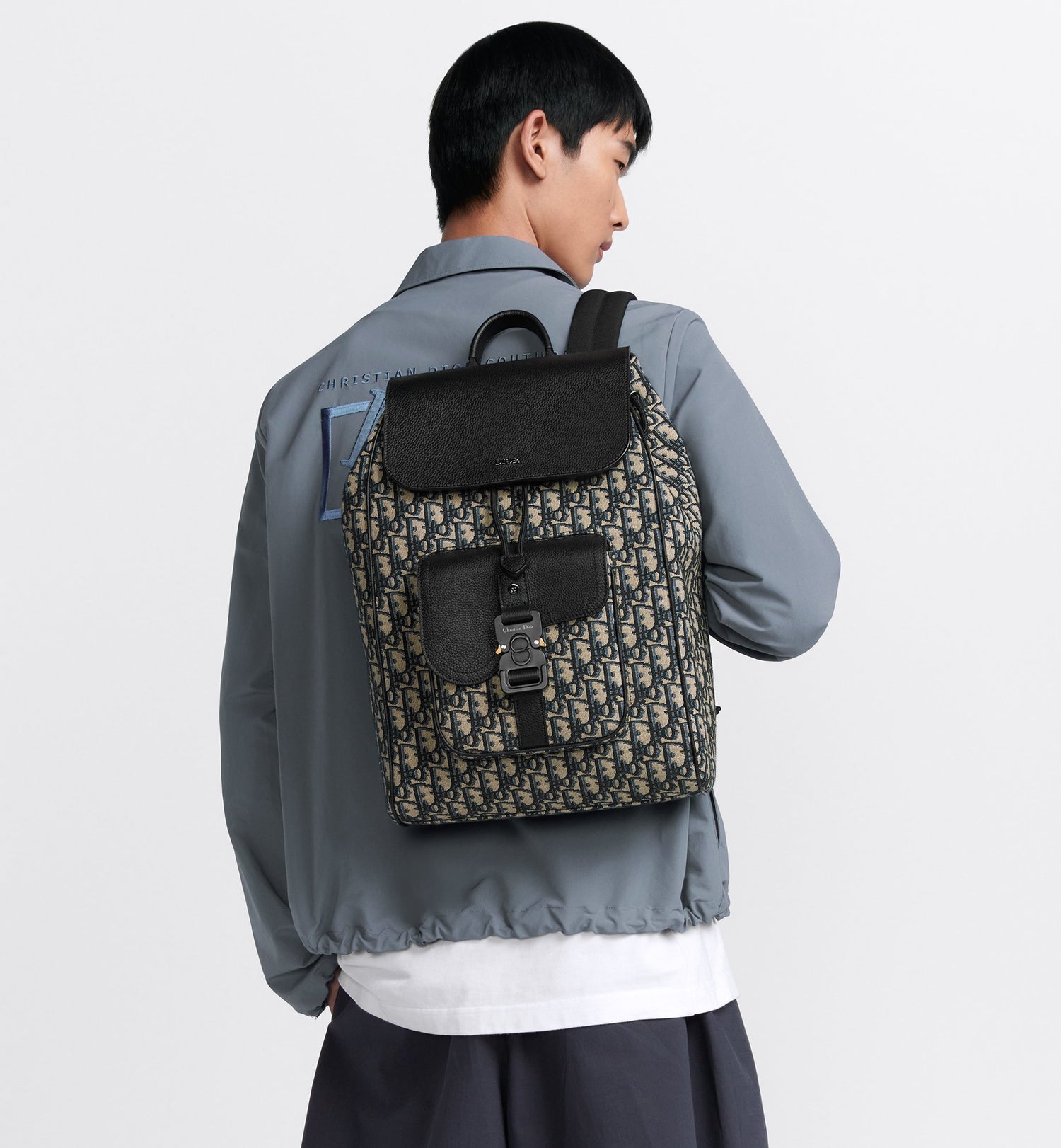 Saddle Backpack With Flap Beige And Black Dior Oblique Jacquard With Black Grained Calfskin