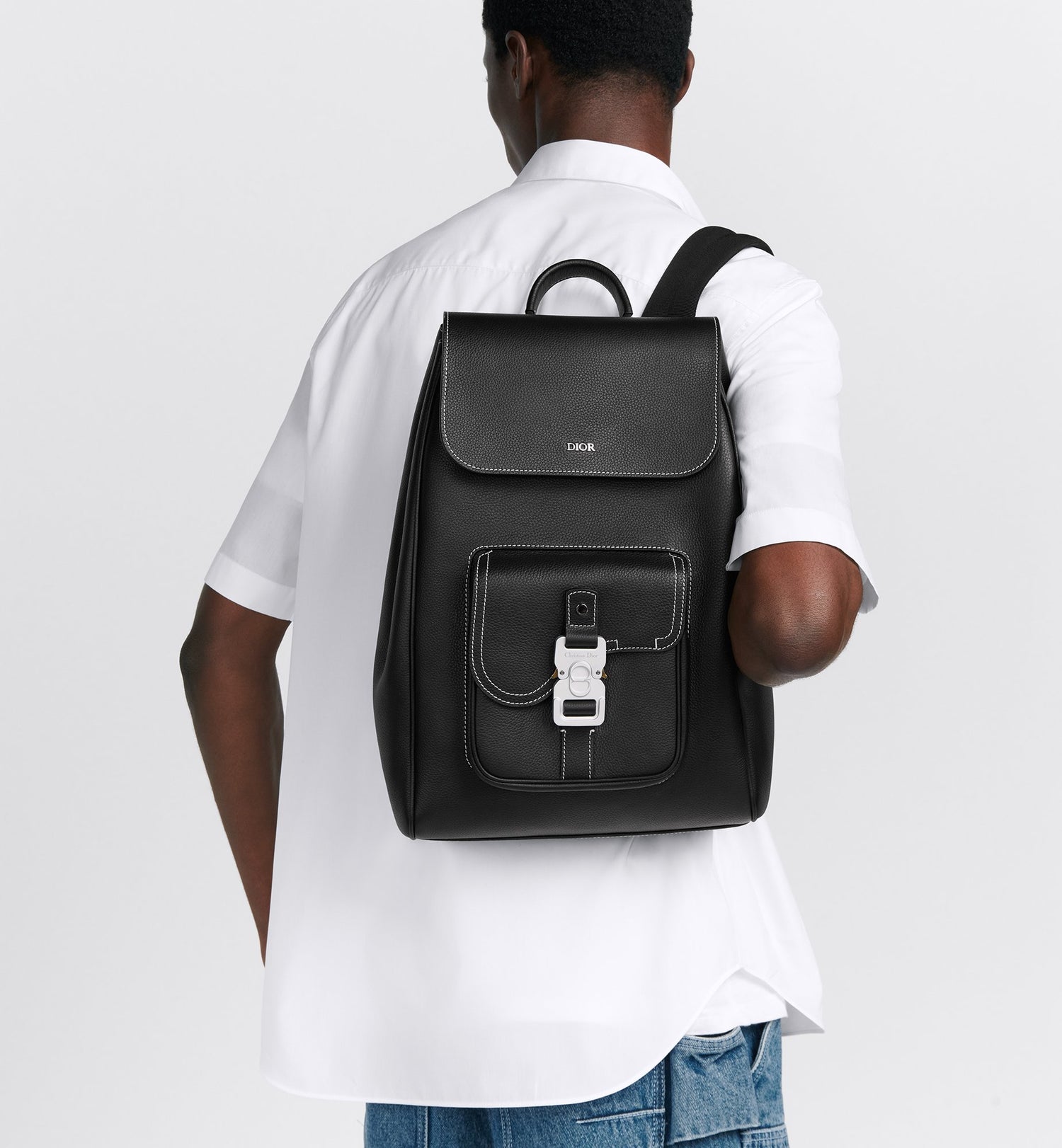 Saddle Backpack With Flap Black Grained Calfskin With Contrasting Topstitching