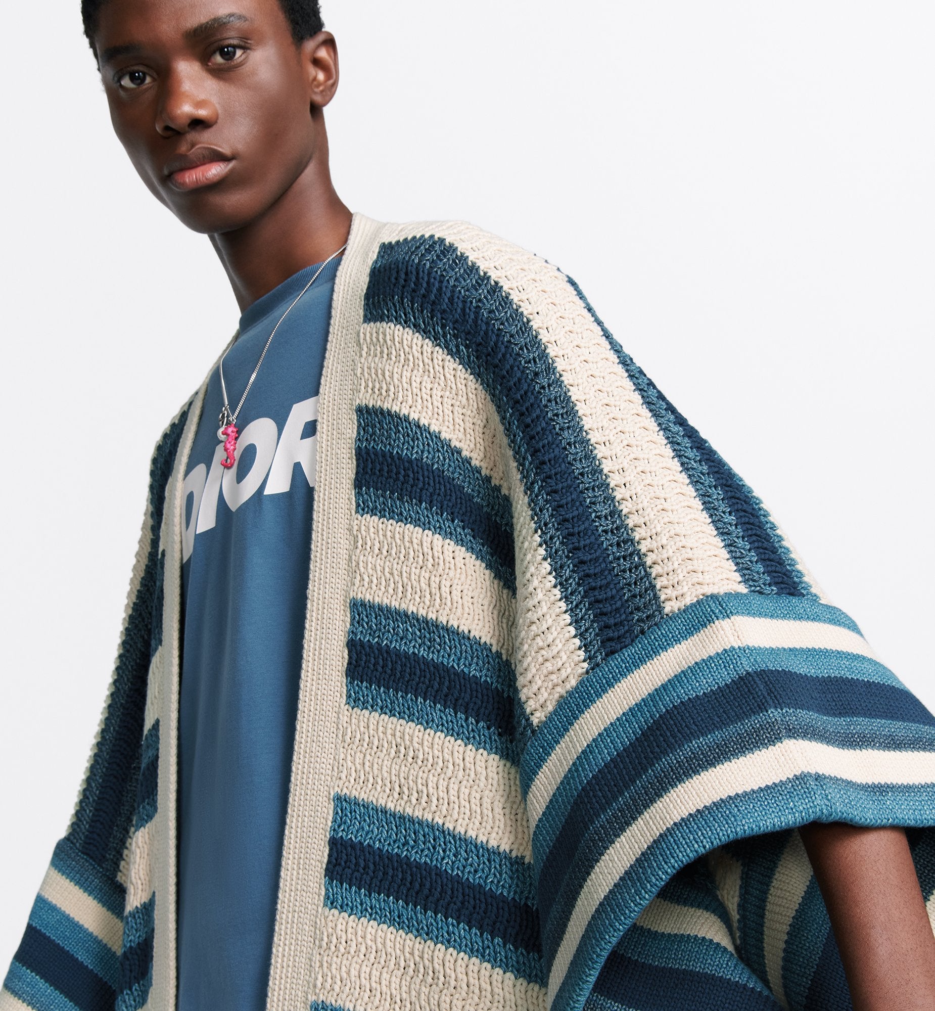 Dior And Parley Poncho Blue And Beige Striped Parley Ocean Plastic® Cotton-Blend Knit