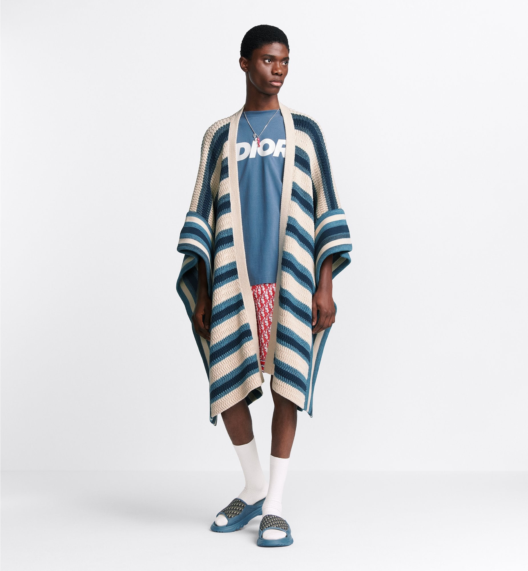 Dior And Parley Poncho Blue And Beige Striped Parley Ocean Plastic® Cotton-Blend Knit