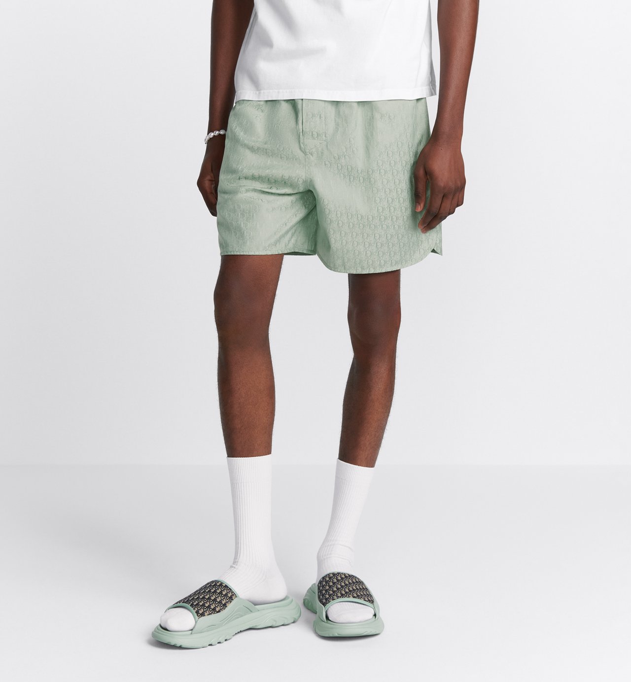 Oblique Shorts Green Silk And Cotton Twill