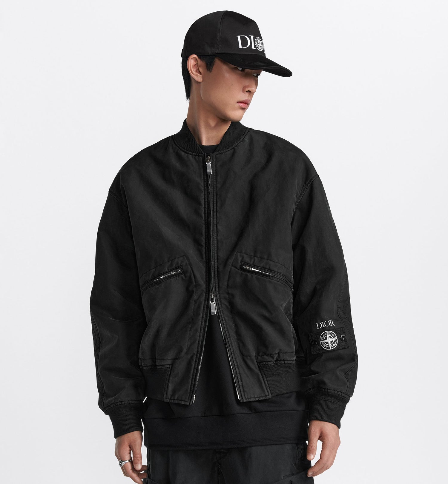 Dior And Stone Island Bomber Jacket Black Habotai Silk Blend