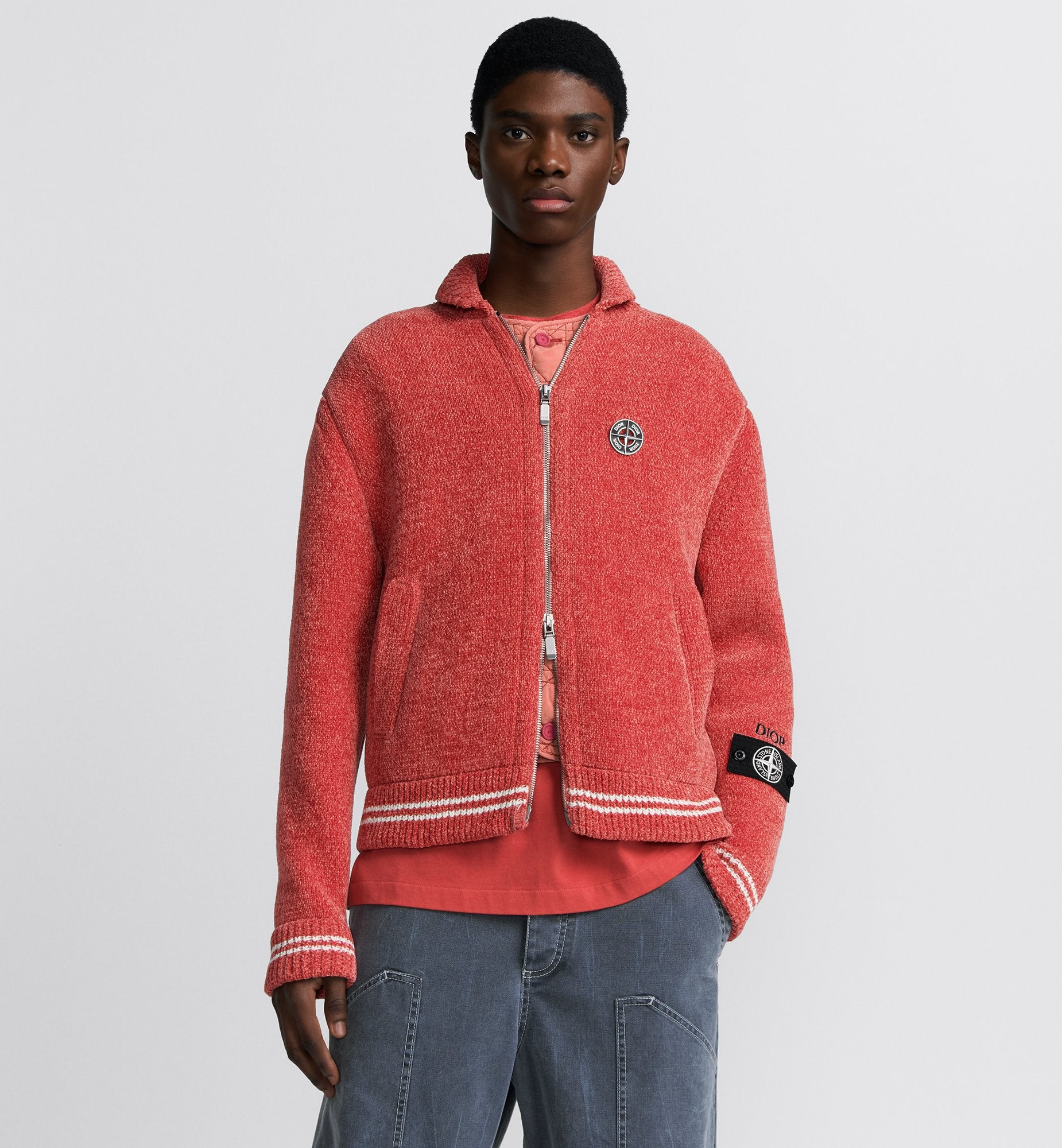 Dior And Stone Island Blouson Jacket Red Wool-Blend Knit