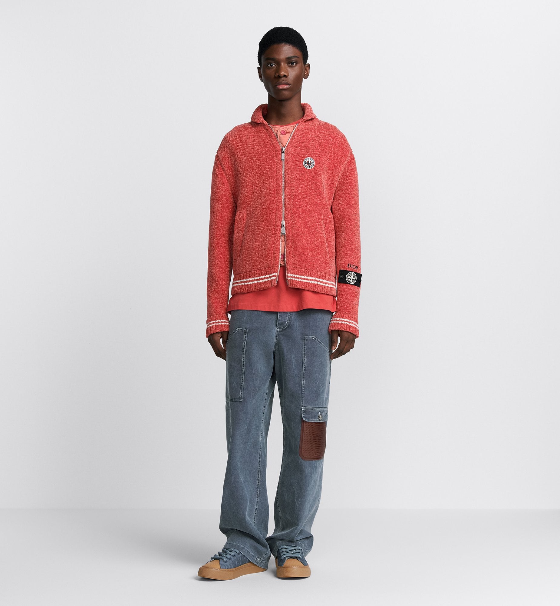 Dior And Stone Island Blouson Jacket Red Wool-Blend Knit