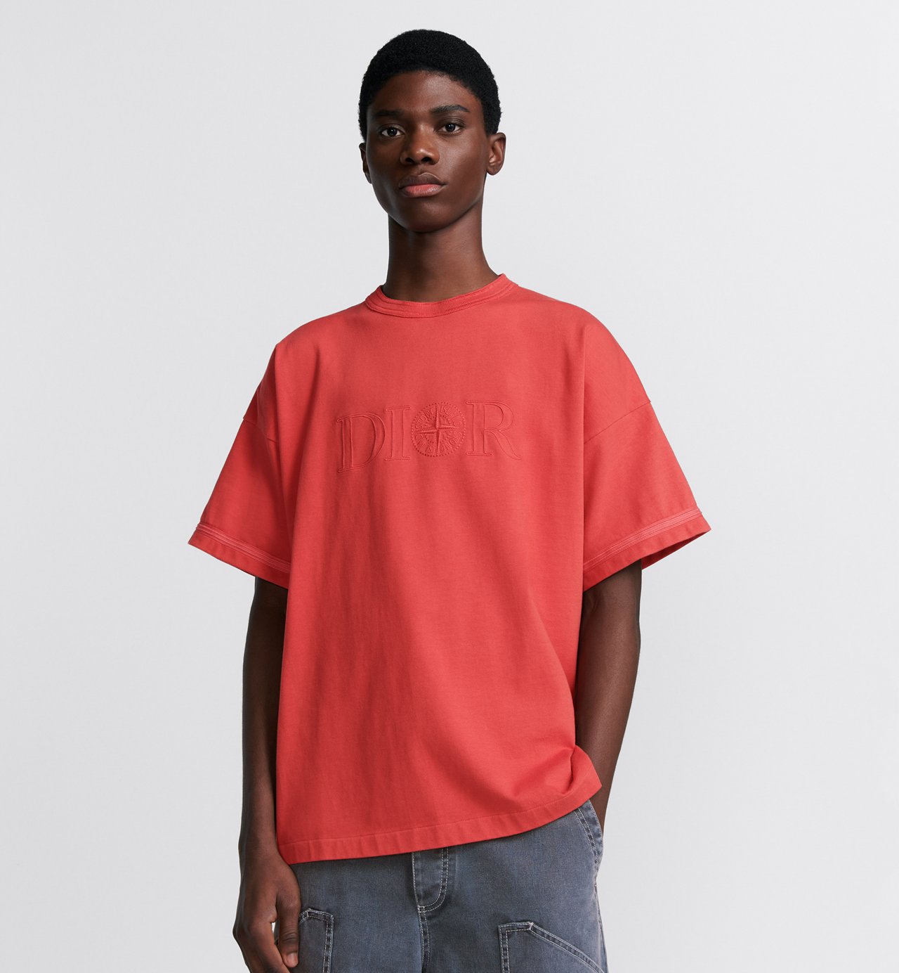 Dior And Stone Island T-Shirt Oversized Fit Red Cotton Jersey