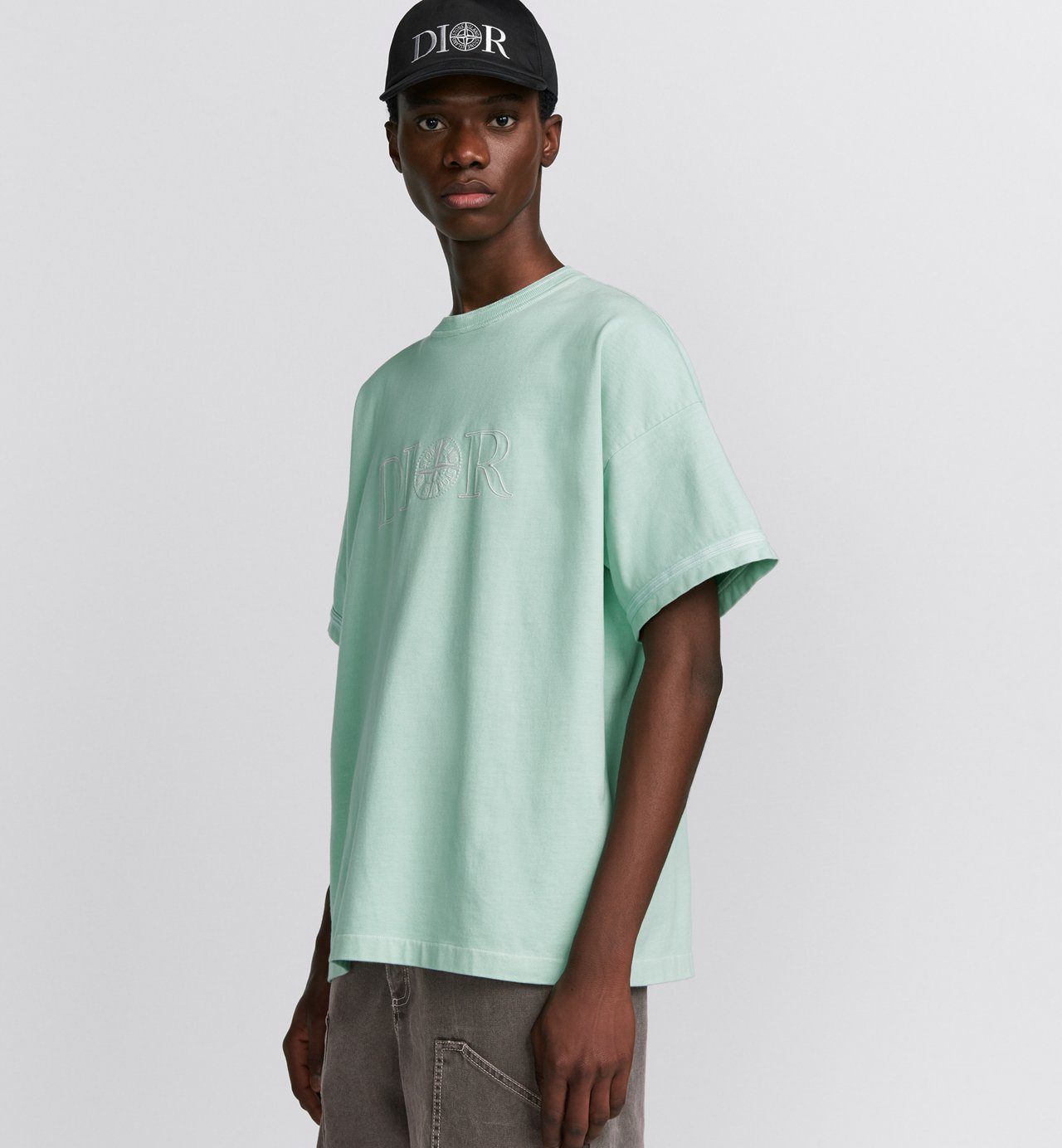 Dior And Stone Island T-Shirt Oversized Fit Light Green Cotton Jersey