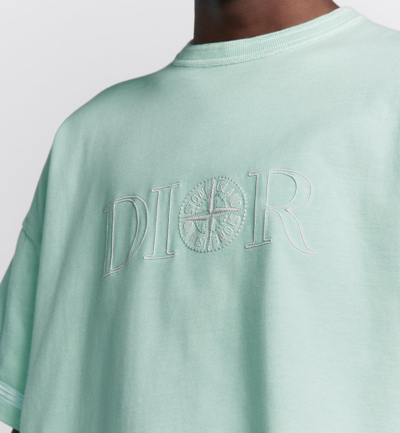 Dior And Stone Island T-Shirt Oversized Fit Light Green Cotton Jersey