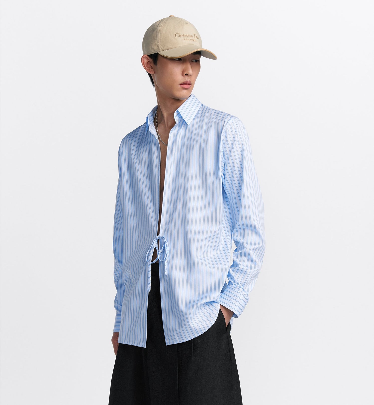 Shirt With Ties Blue Cotton And Silk Poplin With Stripes