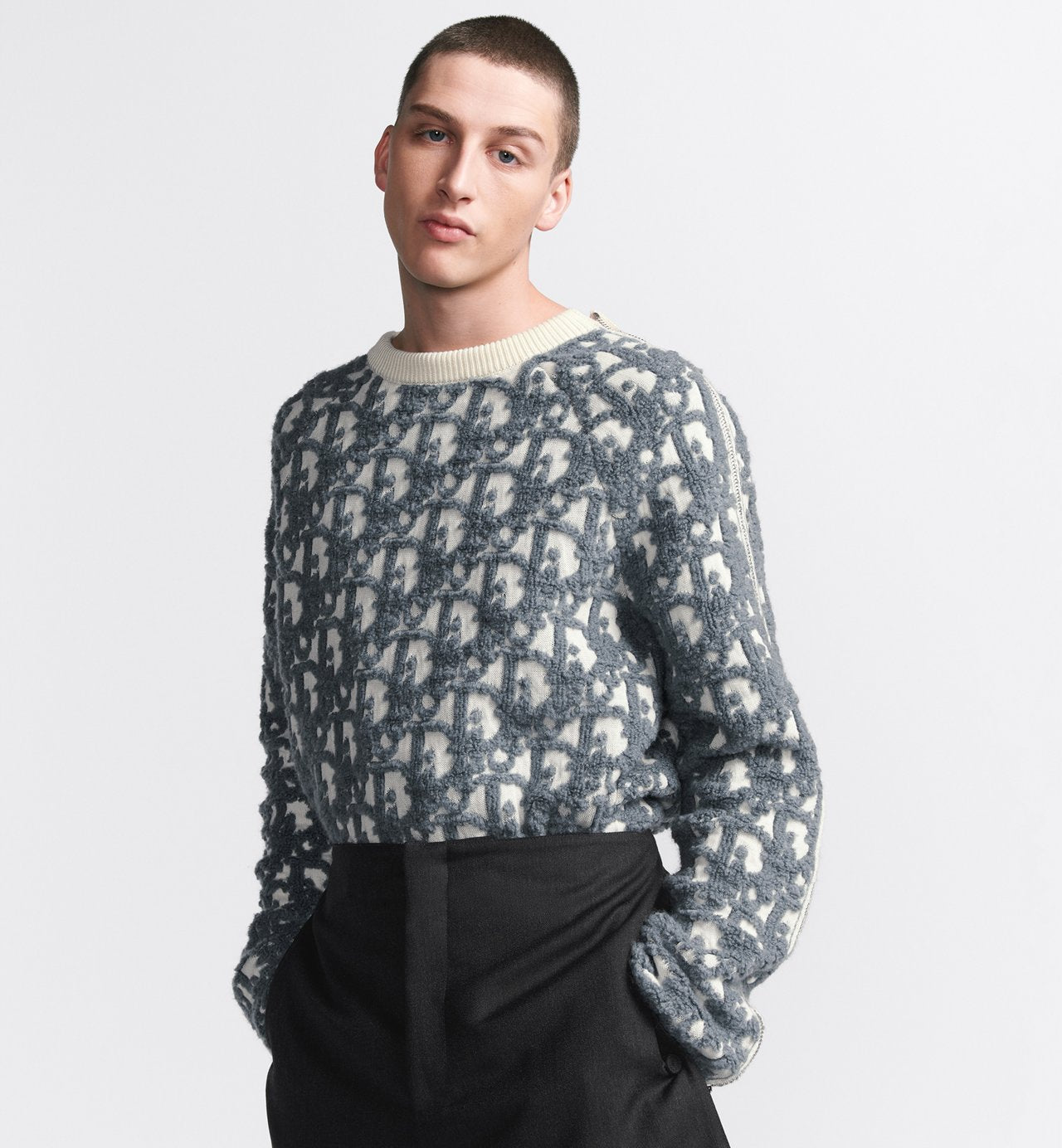 Oblique Sweater White Virgin Wool And Cotton-Blend Jacquard