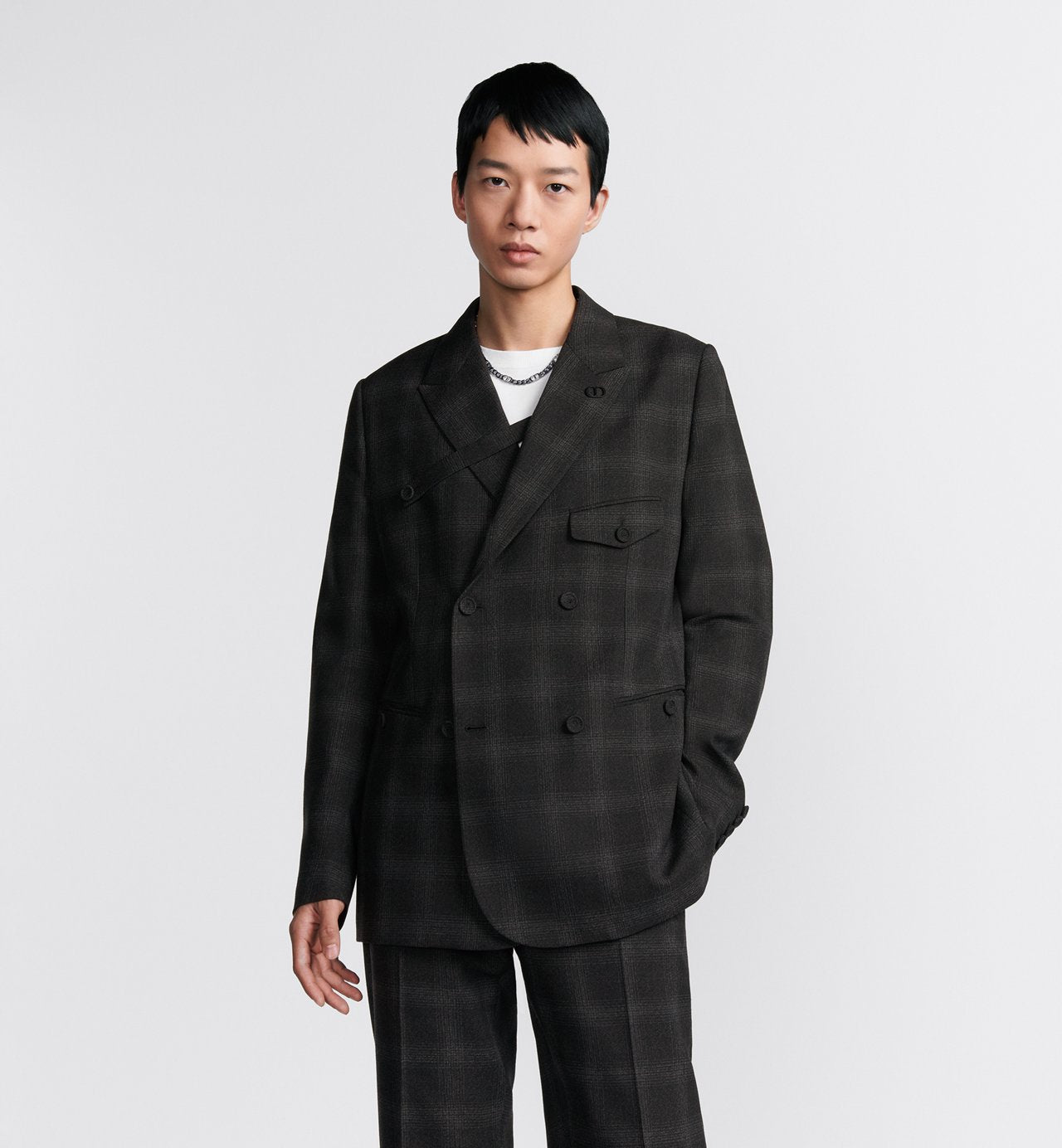 Double Breasted Jacket With Buttoned Strap Black Checkered Wool