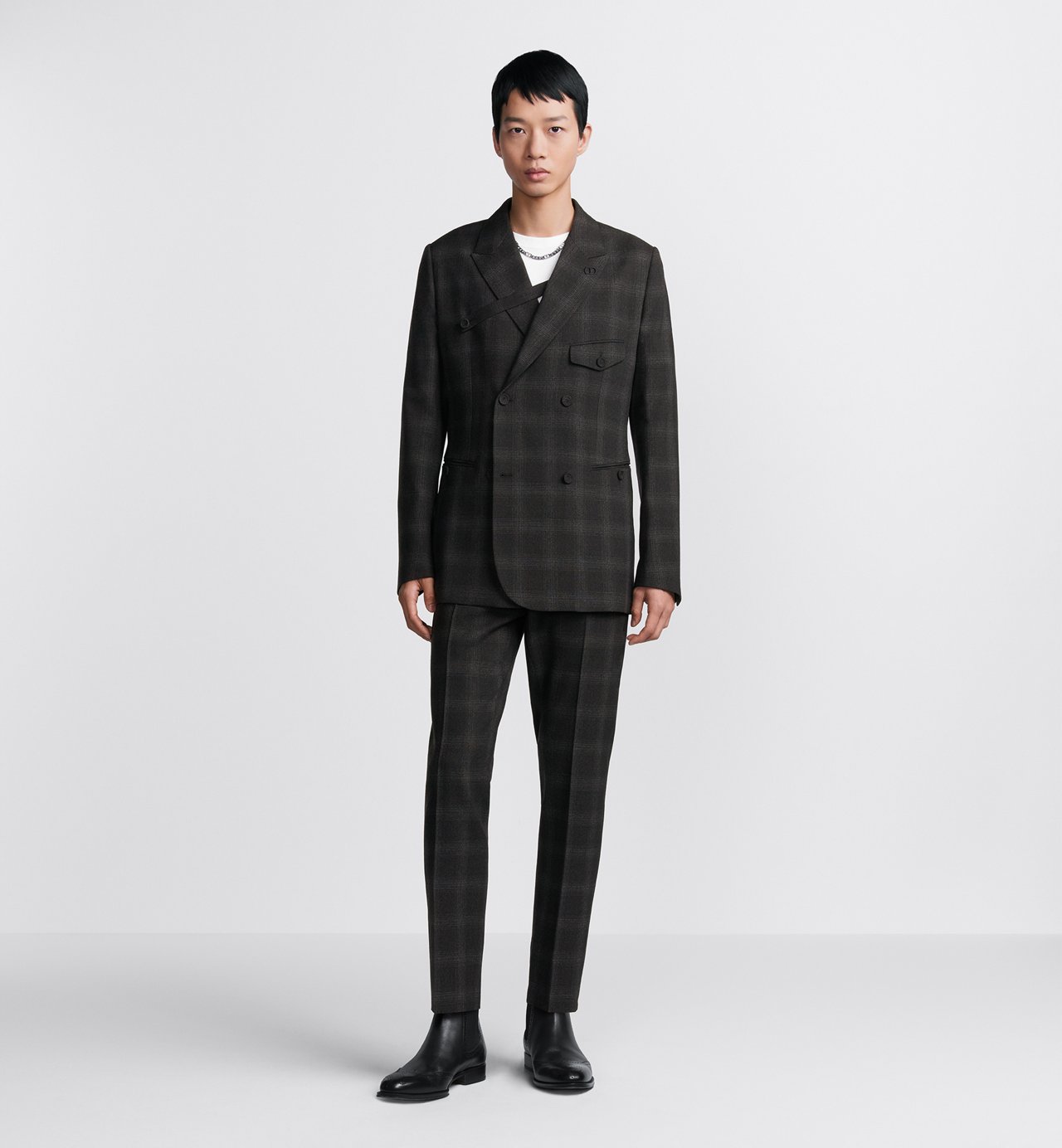 Double Breasted Jacket With Buttoned Strap Black Checkered Wool