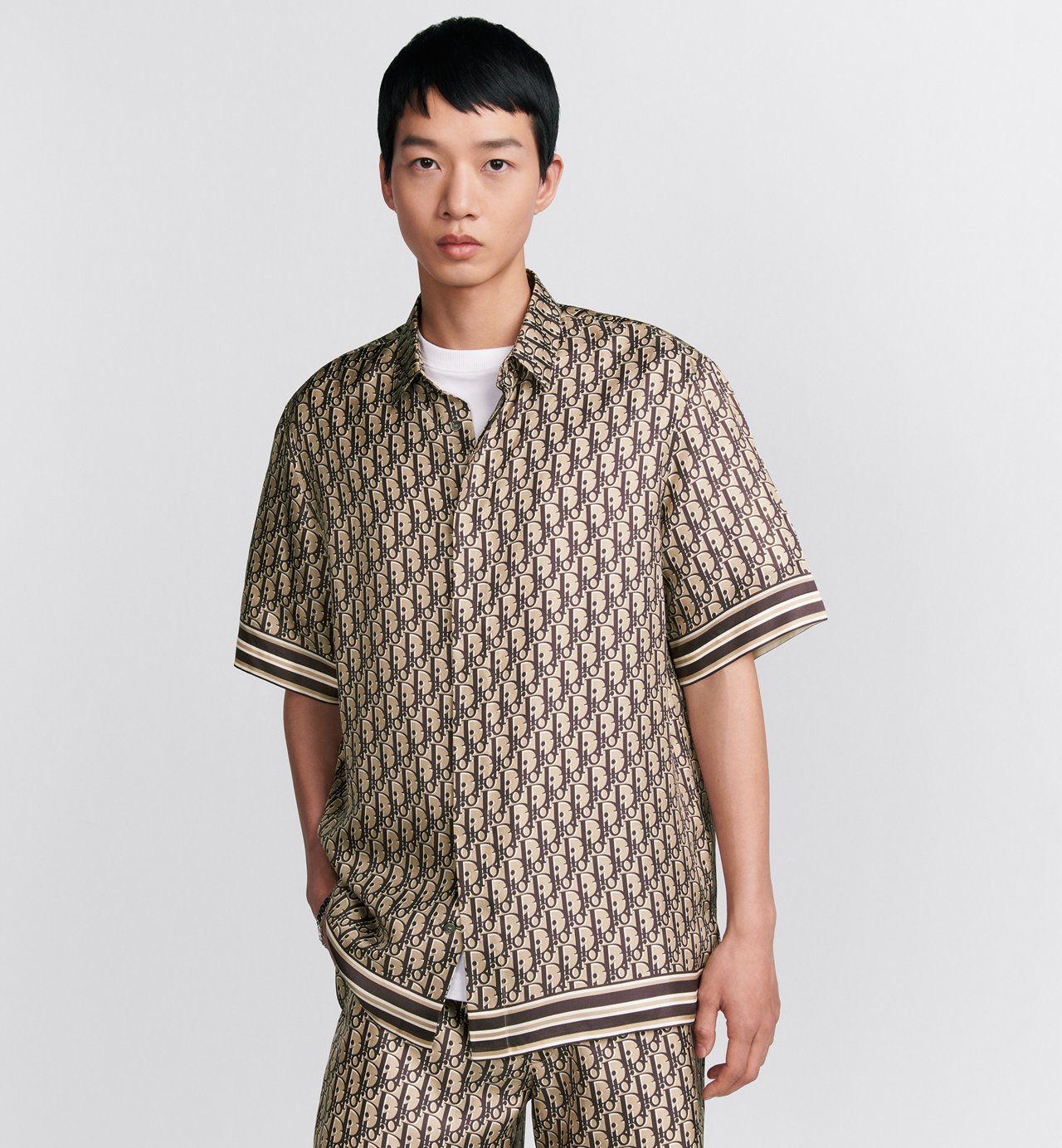 Oblique Short-Sleeved Shirt Beige And Brown Silk Twill