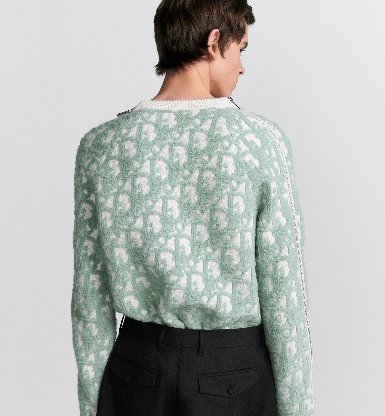 Oblique Sweater White And Light Green Virgin Wool And Cotton-Blend Jacquard